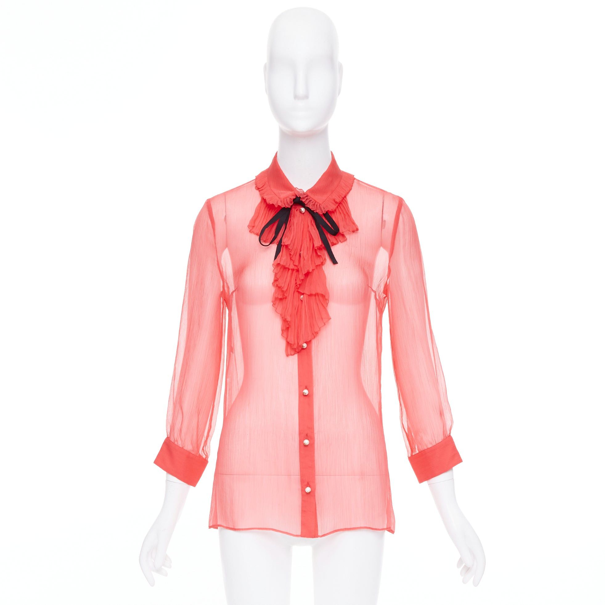 Gucci GUCCI coral red sheer chiffon GG pearl black pussybow ruffle blouse IT42 M Size M / US 6-8 / IT 42-44 - 9 Thumbnail