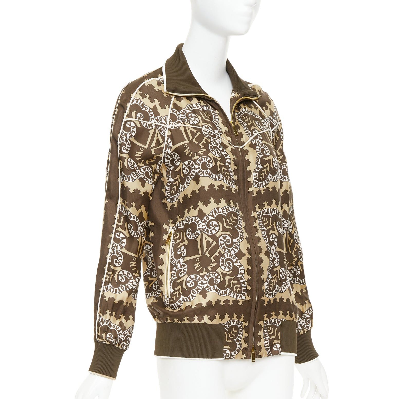 Valentino VALENTINO brown hue 100% silk logo scarf print collared track jacket IT38 XS Size XS / US 0-2 / IT 36-38 - 4 Thumbnail