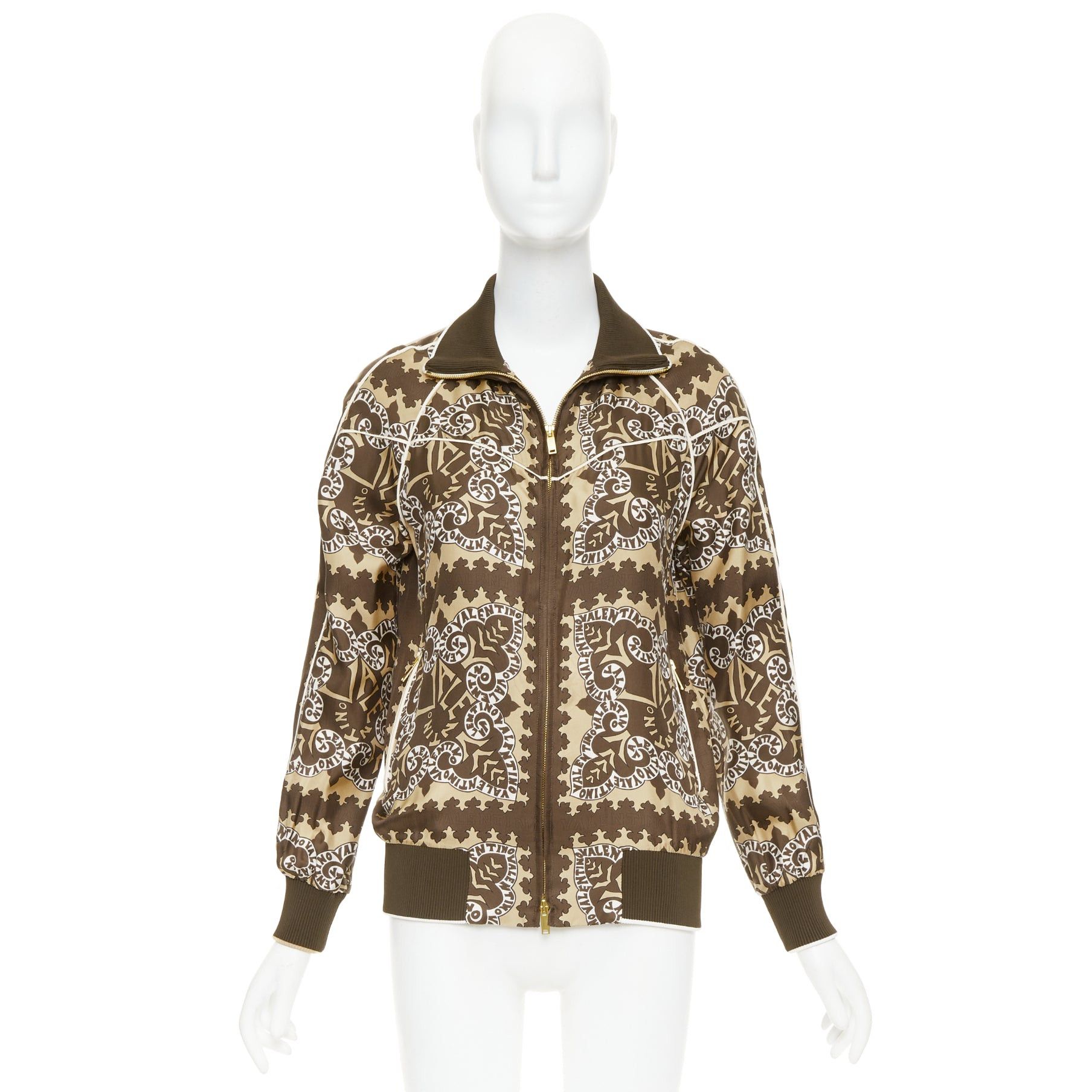 Valentino VALENTINO brown hue 100% silk logo scarf print collared track jacket IT38 XS Size XS / US 0-2 / IT 36-38 - 10 Thumbnail