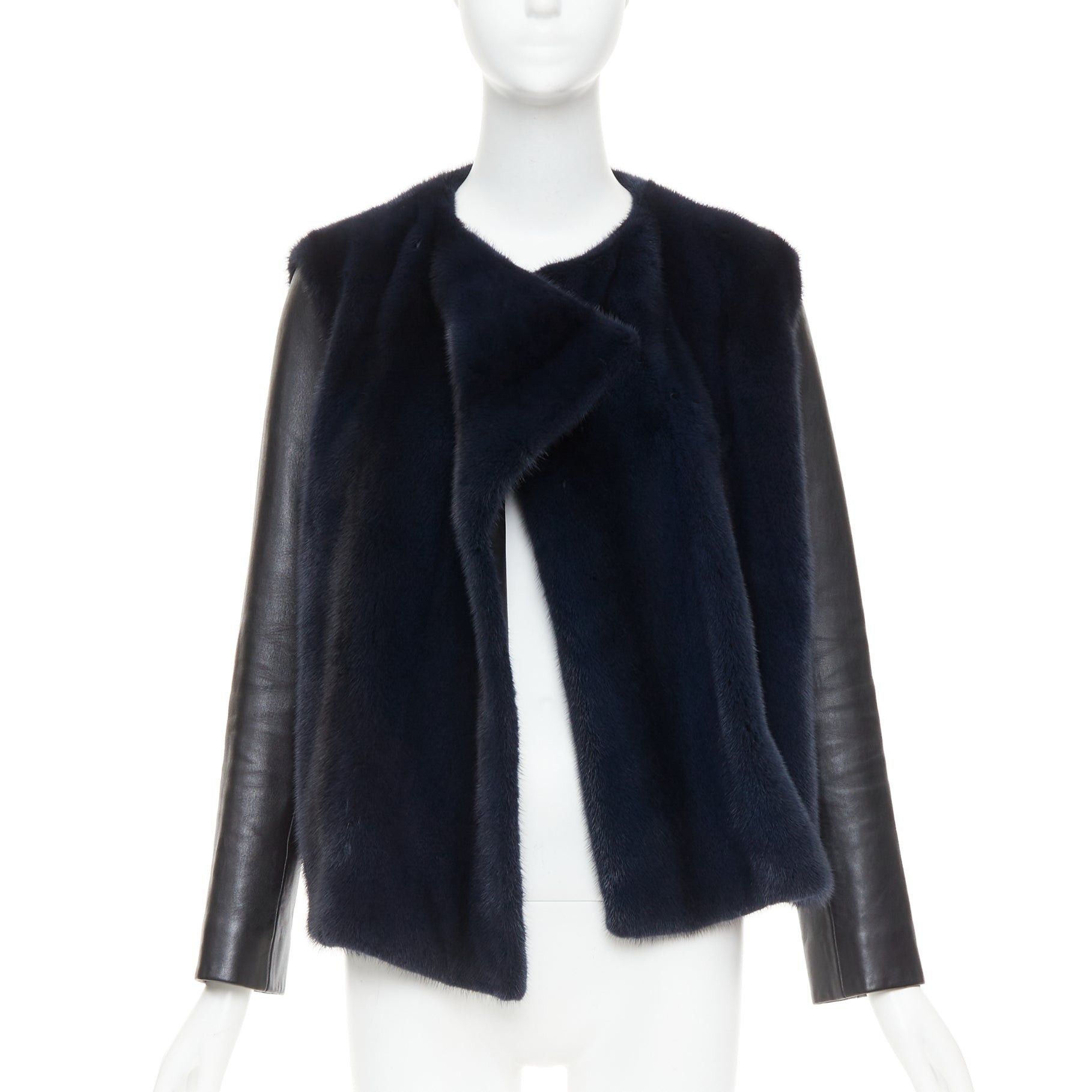Dior CHRISTIAN DIOR navy natural fur black soft leather sleeve silk lined jacket Size S / US 4 / IT 40 - 3 Thumbnail