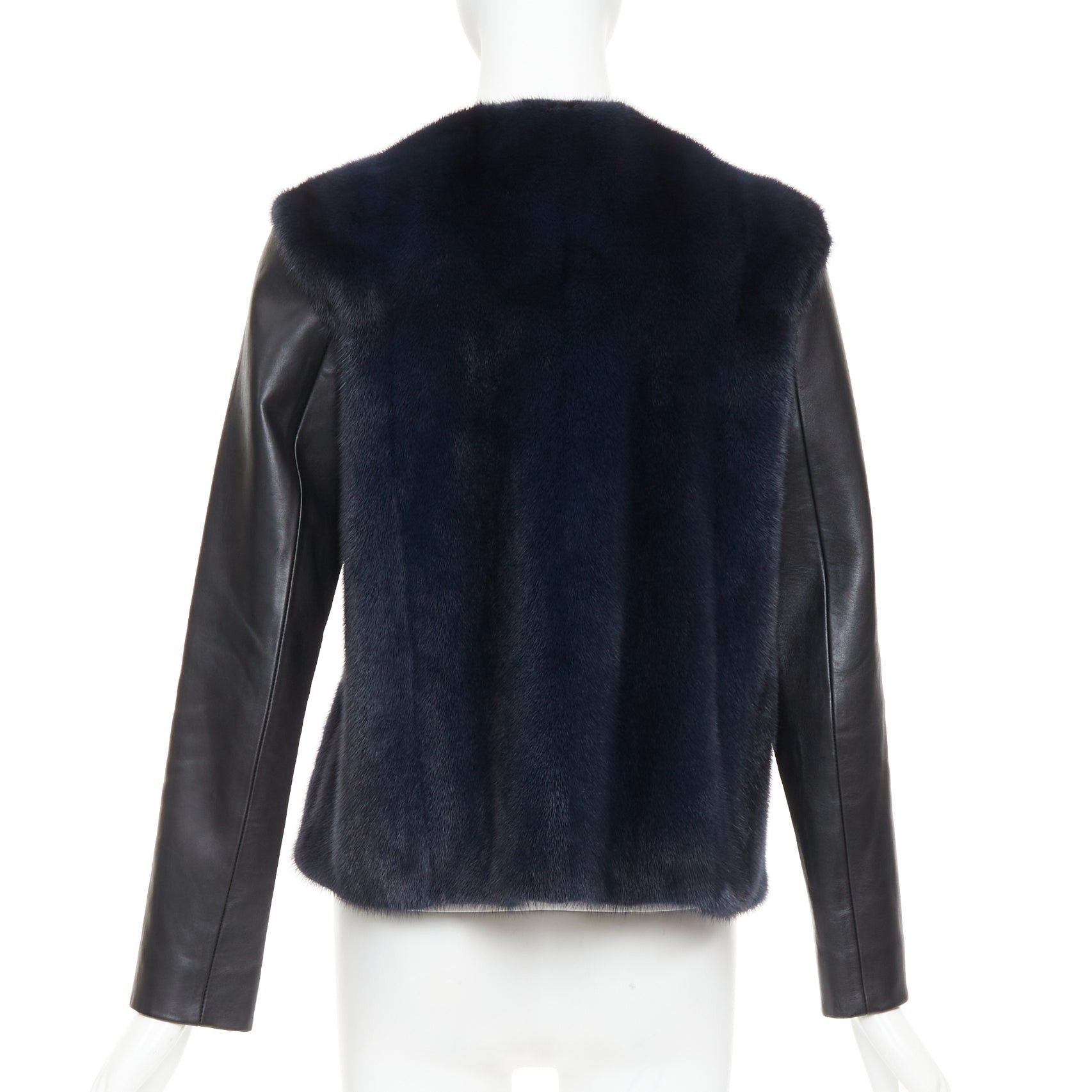 Dior CHRISTIAN DIOR navy natural fur black soft leather sleeve silk lined jacket Size S / US 4 / IT 40 - 6 Thumbnail