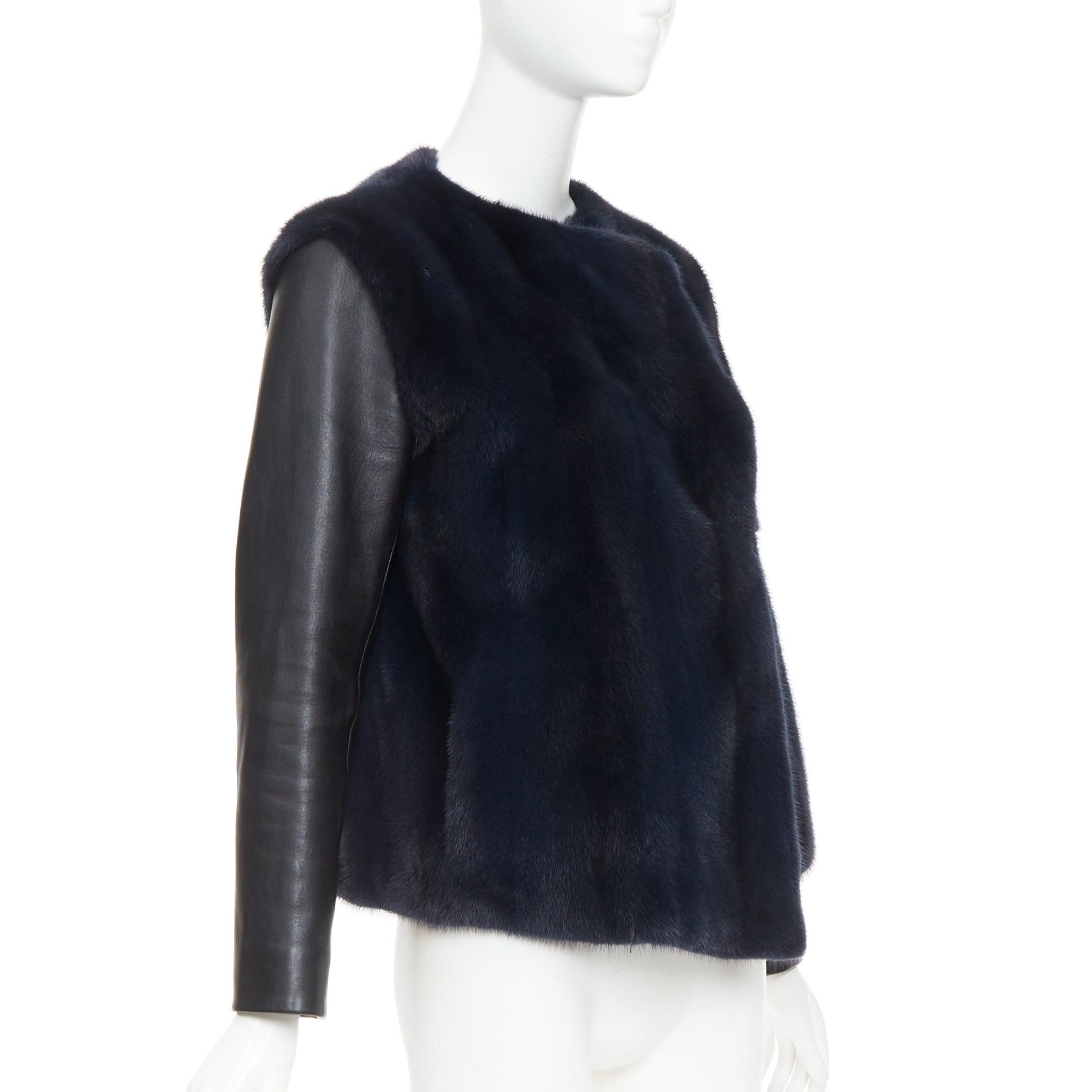 Dior CHRISTIAN DIOR navy natural fur black soft leather sleeve silk lined jacket Size S / US 4 / IT 40 - 4 Thumbnail