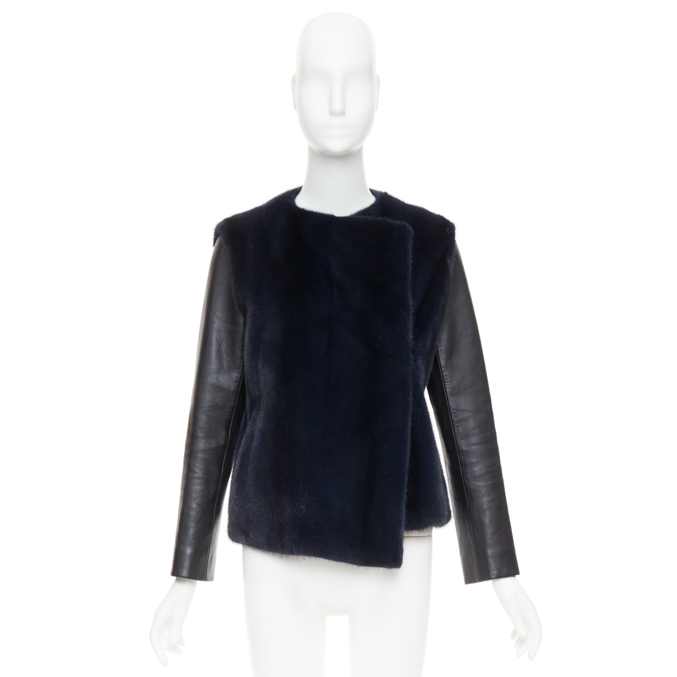 Dior CHRISTIAN DIOR navy natural fur black soft leather sleeve silk lined jacket Size S / US 4 / IT 40 - 10 Thumbnail