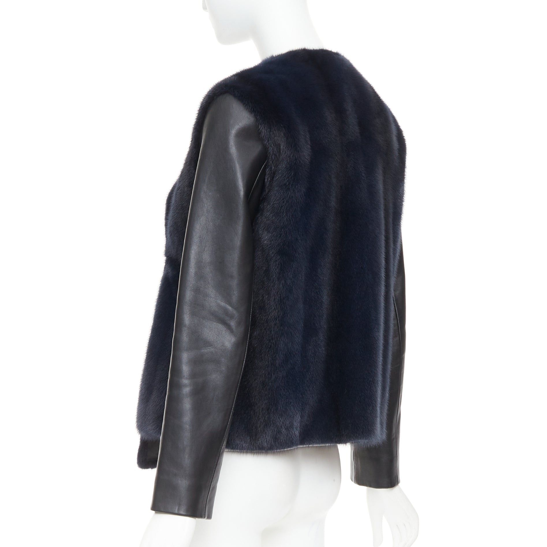 Dior CHRISTIAN DIOR navy natural fur black soft leather sleeve silk lined jacket Size S / US 4 / IT 40 - 2 Thumbnail