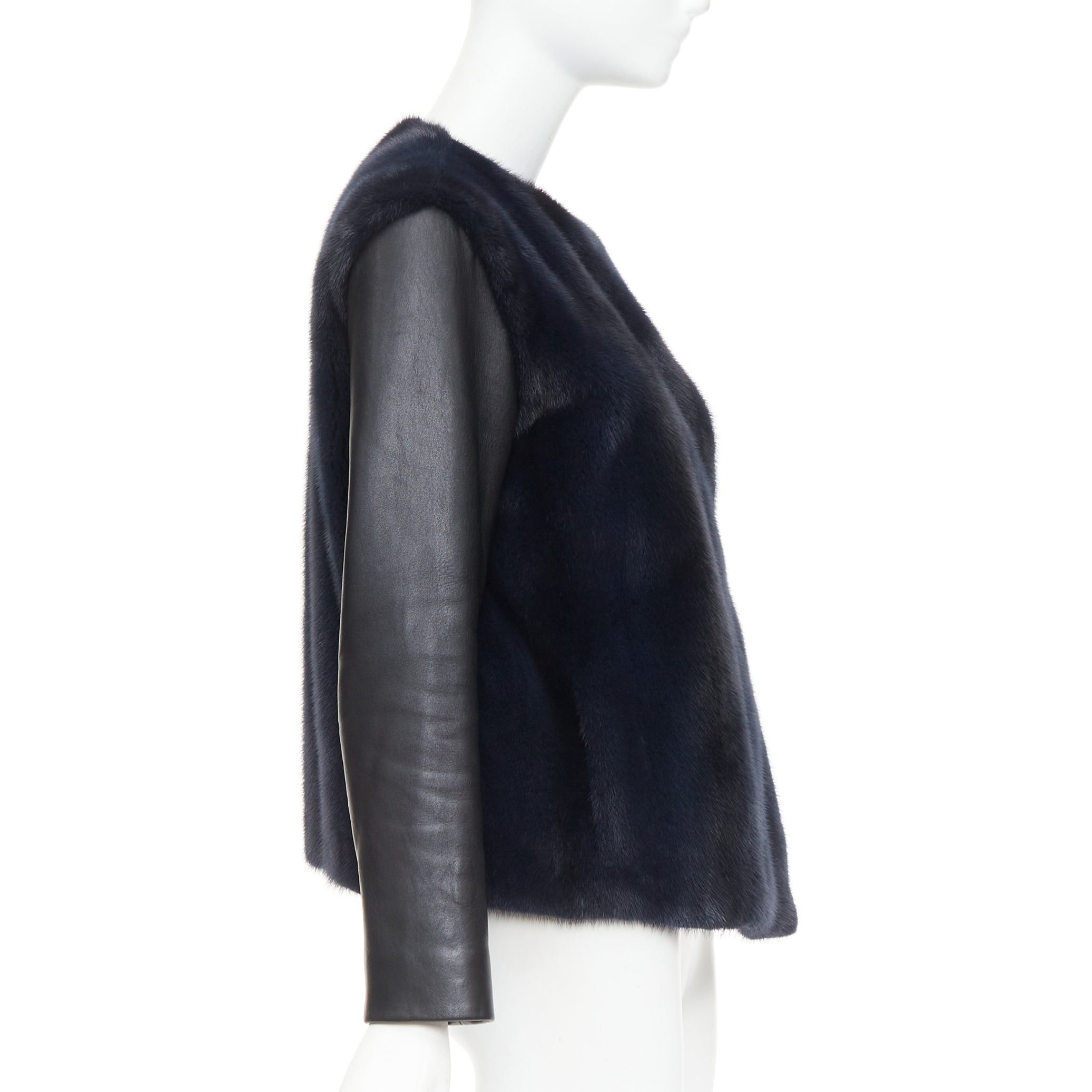 Dior CHRISTIAN DIOR navy natural fur black soft leather sleeve silk lined jacket Size S / US 4 / IT 40 - 5 Thumbnail