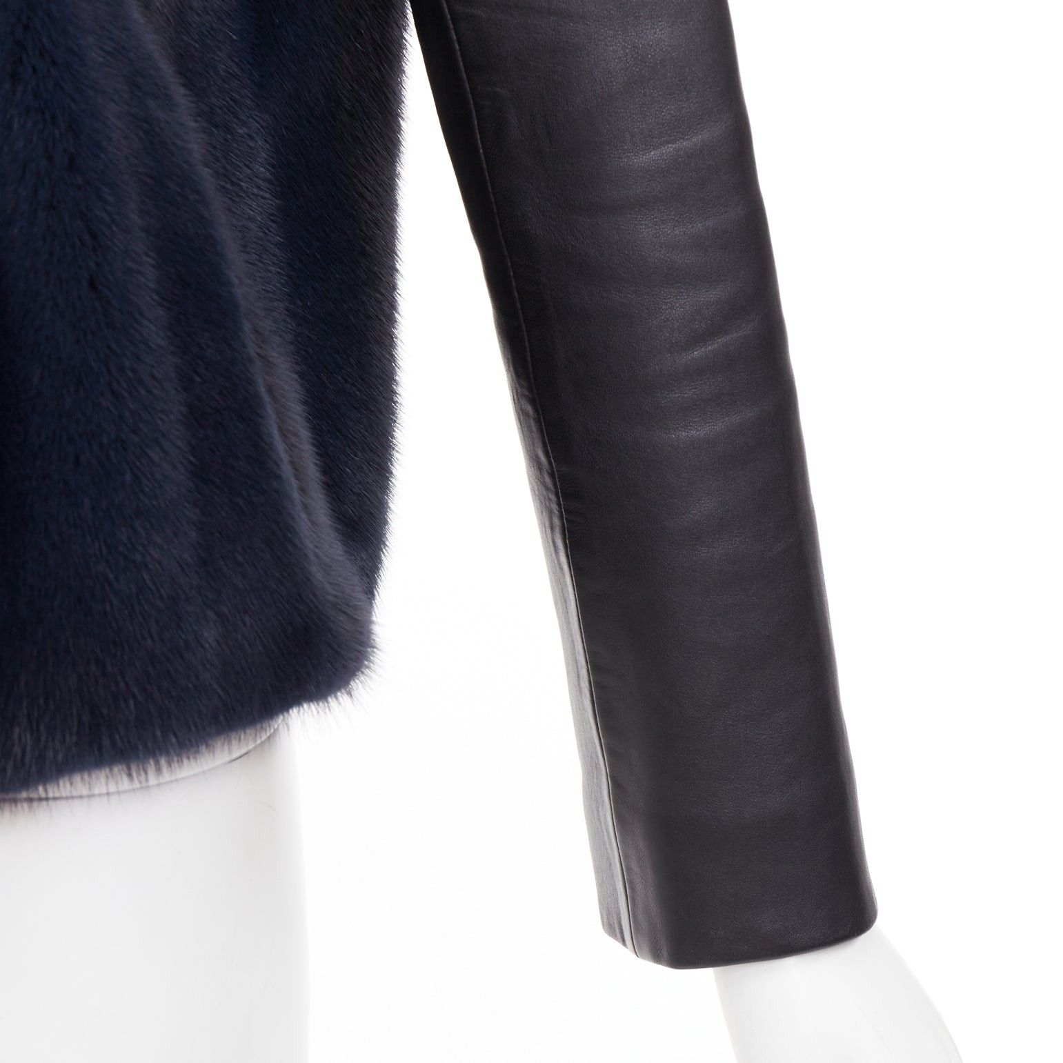 Dior CHRISTIAN DIOR navy natural fur black soft leather sleeve silk lined jacket Size S / US 4 / IT 40 - 8 Thumbnail