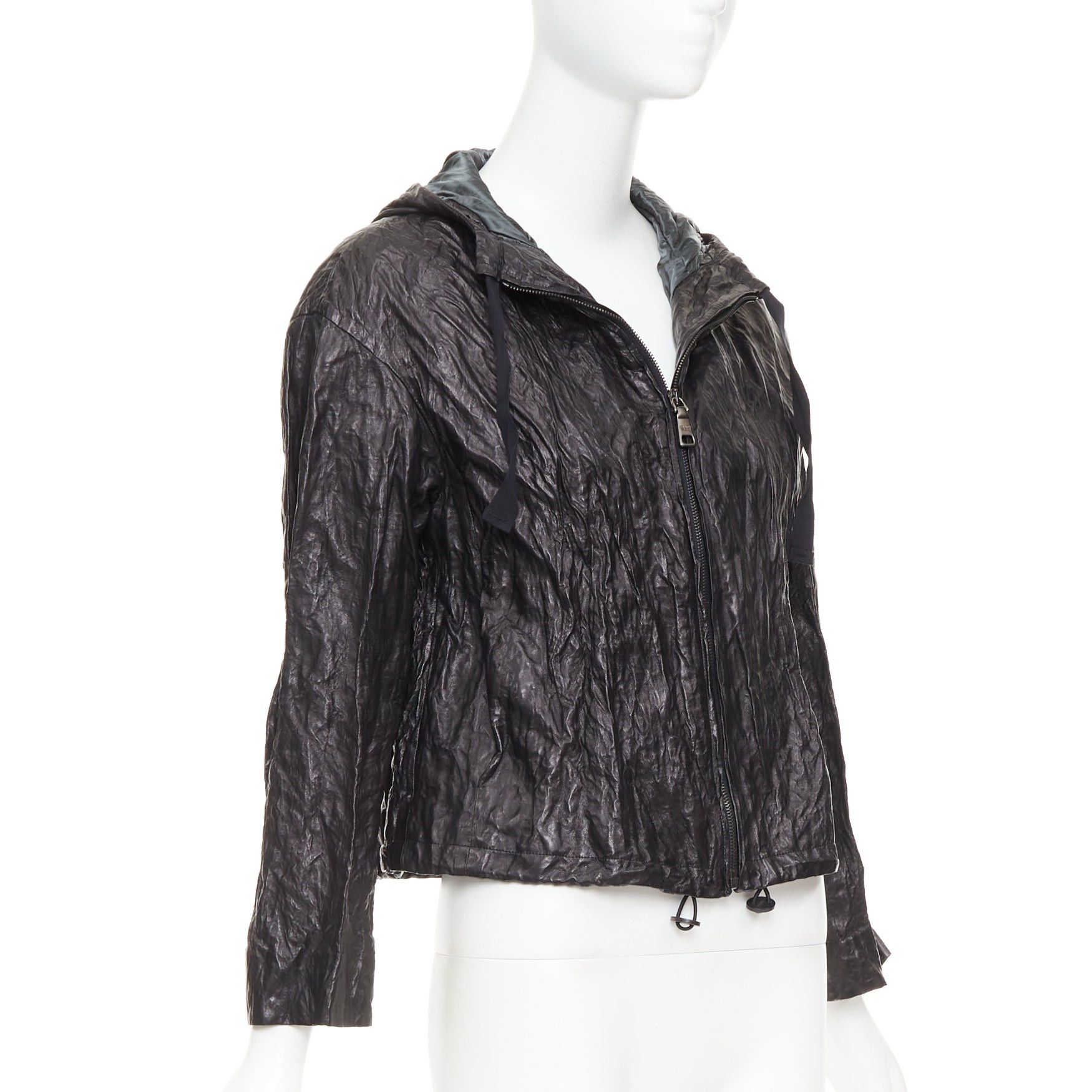 Prada PRADA 2011 Vintage black 100% lambskin crinkled hooded jacket IT36 XXS Size XS / US 0-2 / IT 36-38 - 4 Thumbnail
