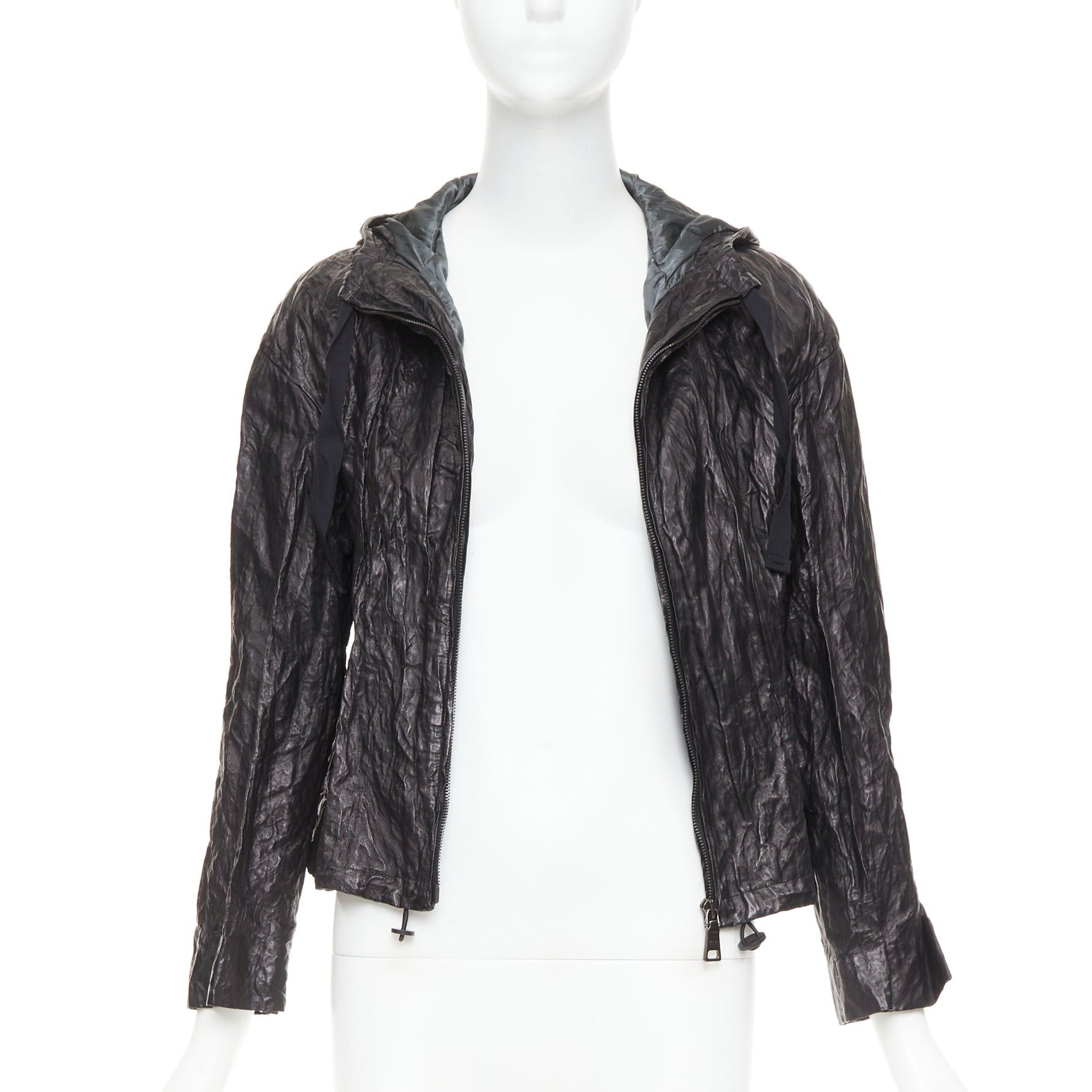 Prada PRADA 2011 Vintage black 100% lambskin crinkled hooded jacket IT36 XXS Size XS / US 0-2 / IT 36-38 - 3 Thumbnail