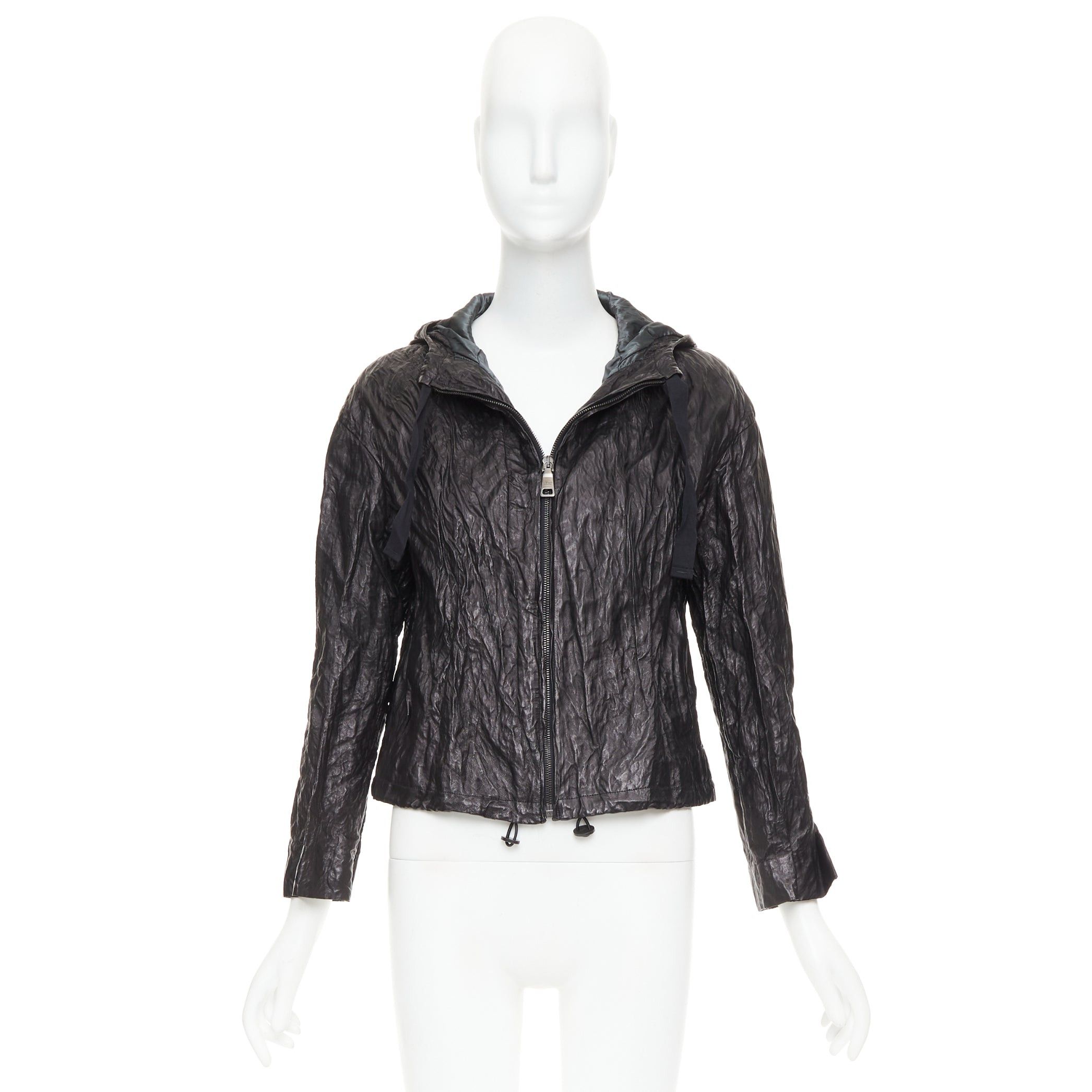 Prada PRADA 2011 Vintage black 100% lambskin crinkled hooded jacket IT36 XXS Size XS / US 0-2 / IT 36-38 - 10 Thumbnail