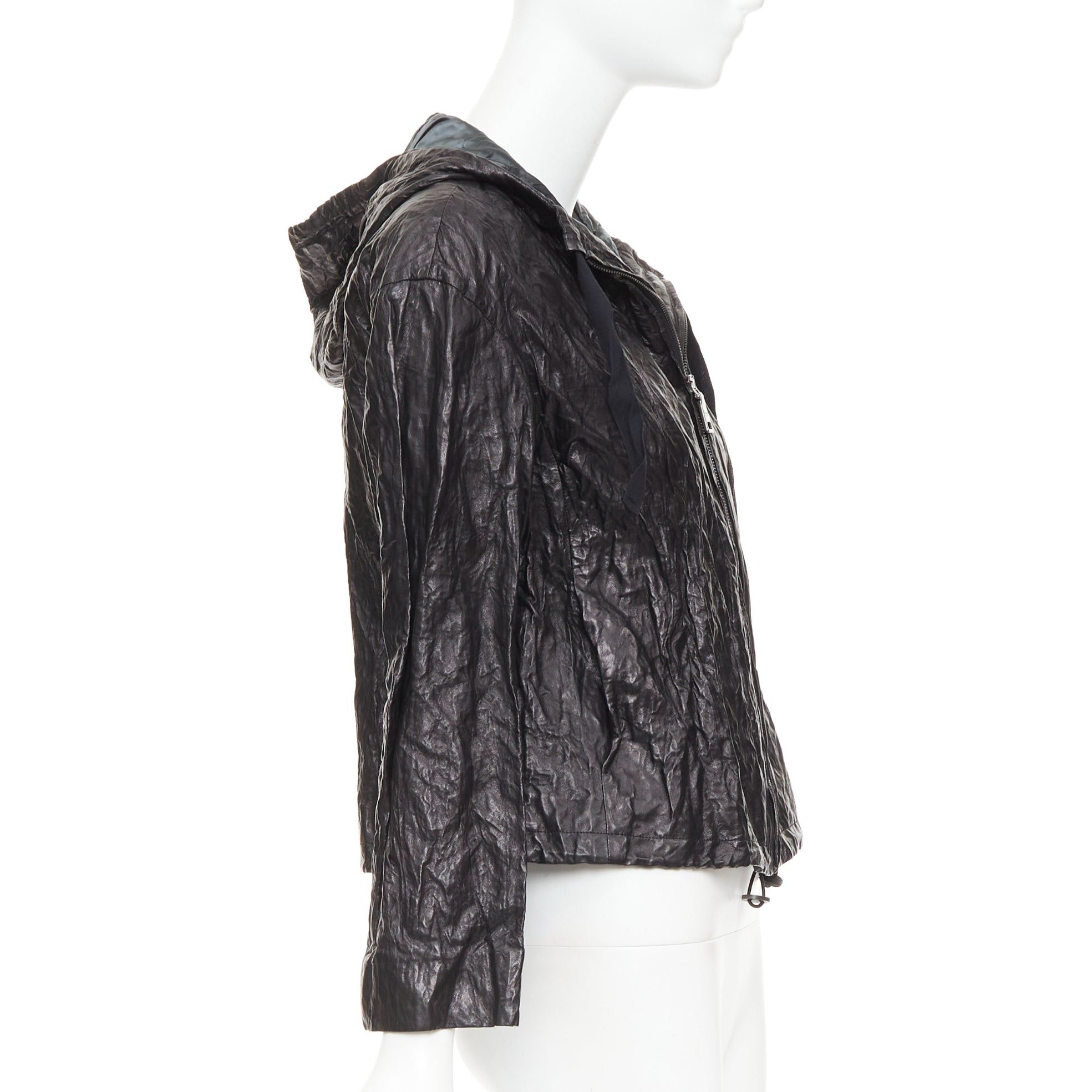 Prada PRADA 2011 Vintage black 100% lambskin crinkled hooded jacket IT36 XXS Size XS / US 0-2 / IT 36-38 - 5 Thumbnail