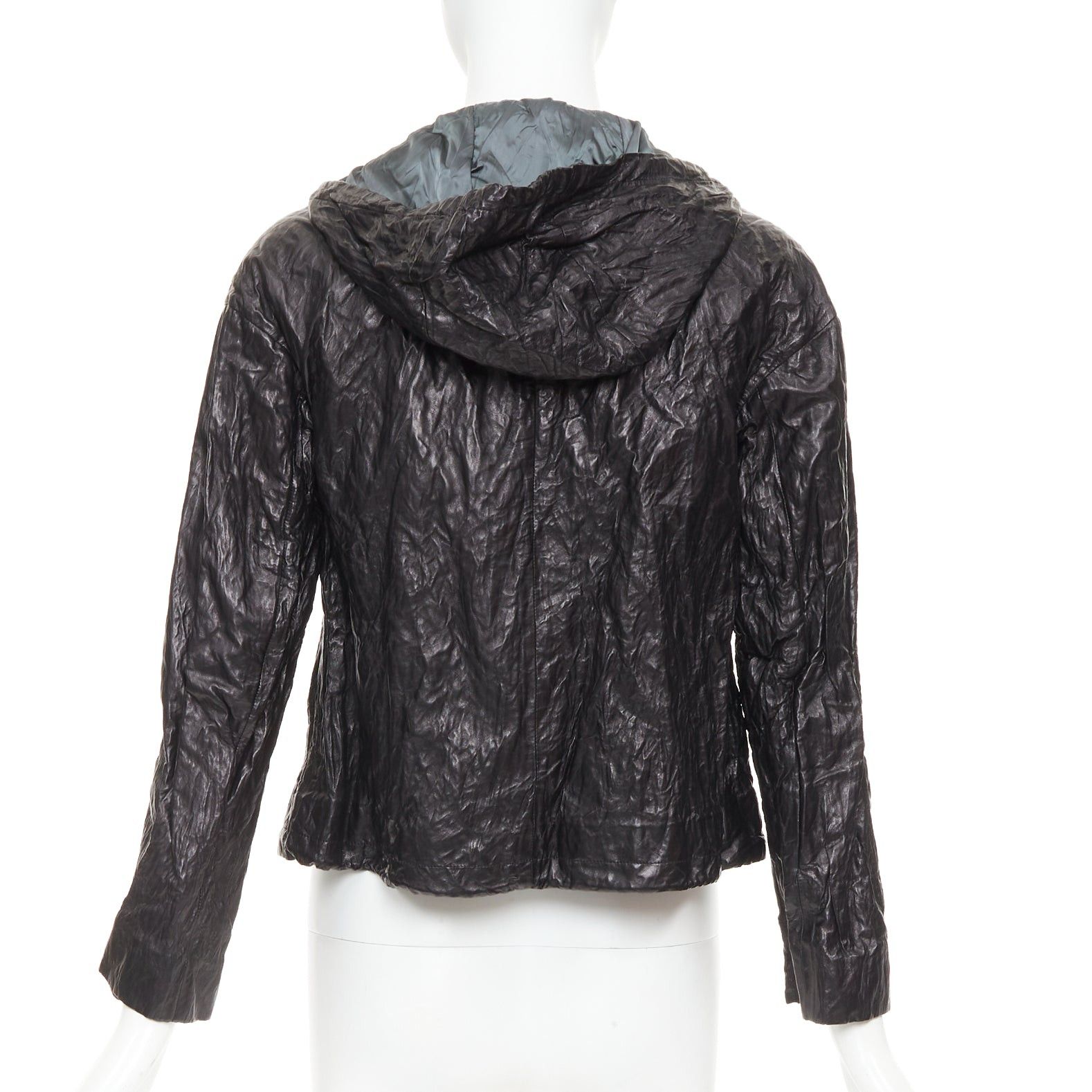 Prada PRADA 2011 Vintage black 100% lambskin crinkled hooded jacket IT36 XXS Size XS / US 0-2 / IT 36-38 - 6 Thumbnail