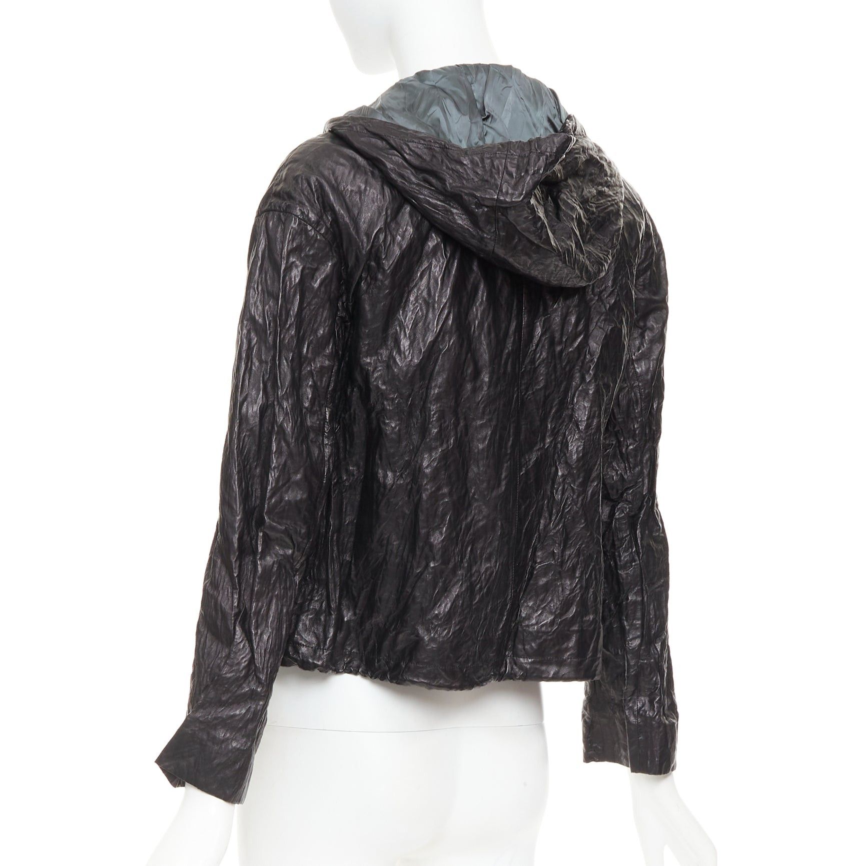 Prada PRADA 2011 Vintage black 100% lambskin crinkled hooded jacket IT36 XXS Size XS / US 0-2 / IT 36-38 - 7 Thumbnail