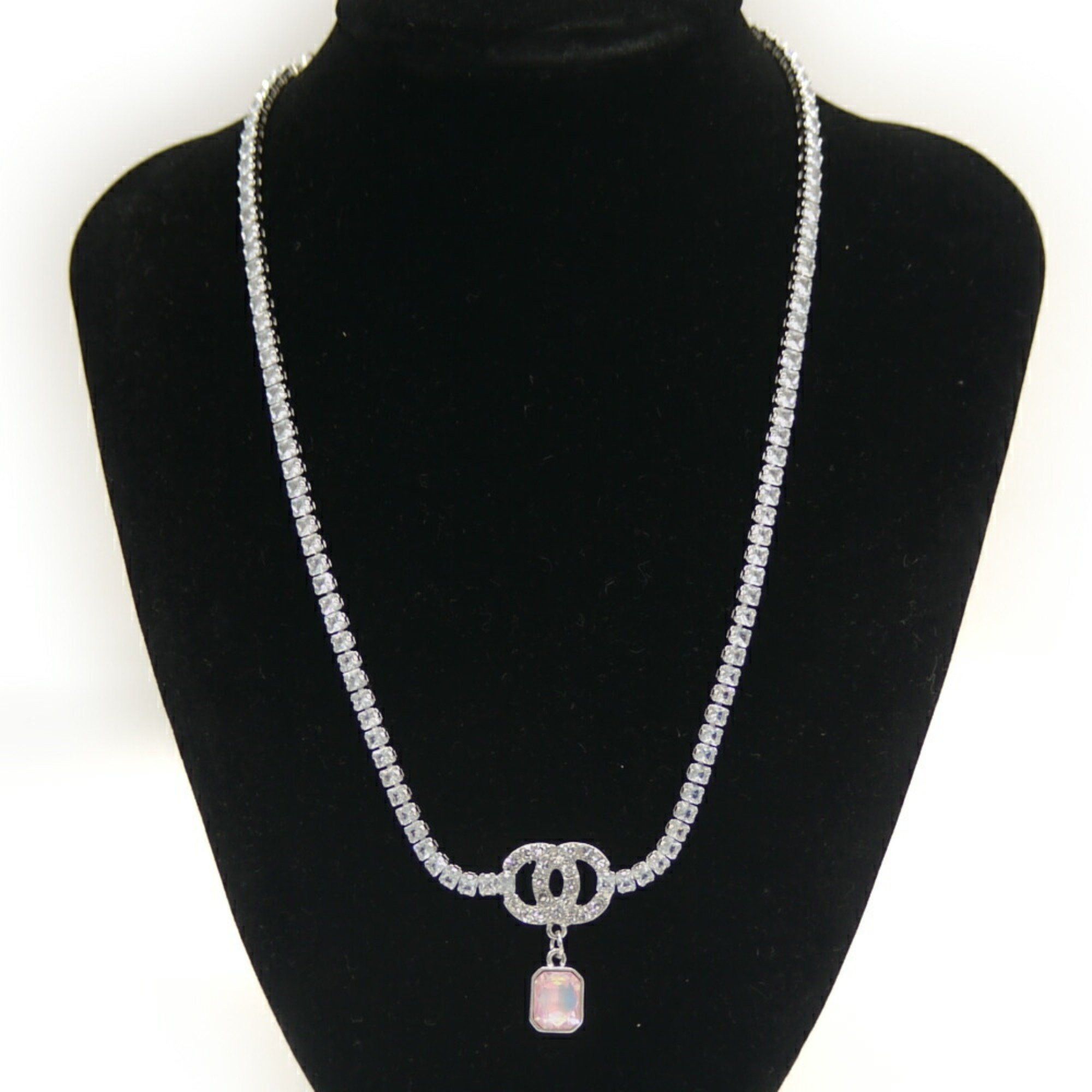 Chanel CHANEL Pink Crystal Coco Mark Pendant Tennis Necklace Size ONE SIZE - 6 Thumbnail