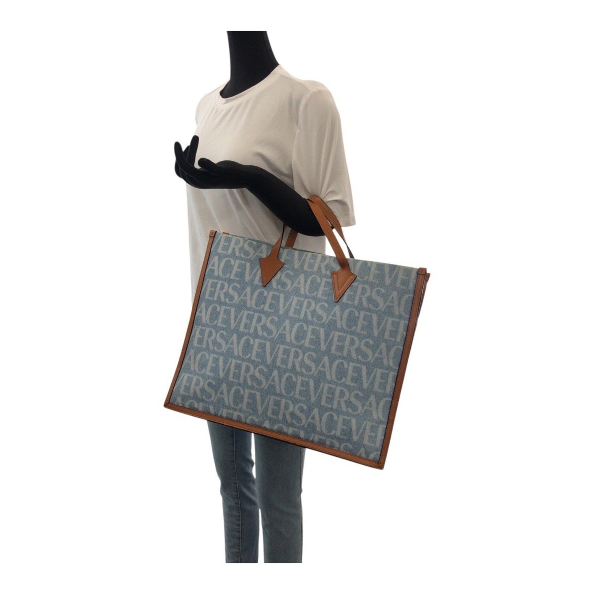 Versace VERSACE All-Over Denim Blue and Brown Canvas Tote Bag 1008913 Women's Handbag Size ONE SIZE - 7 Thumbnail