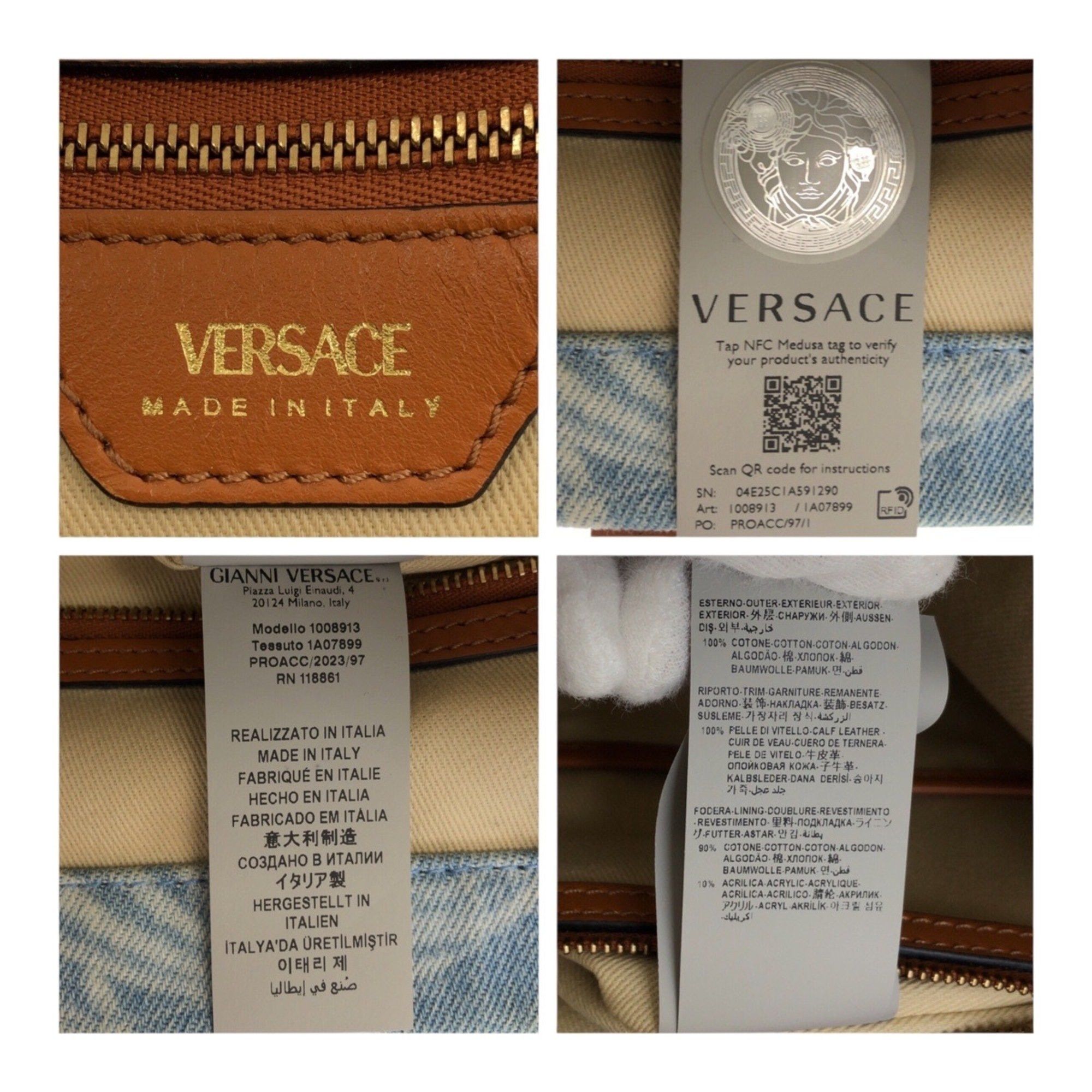 Versace VERSACE All-Over Denim Blue and Brown Canvas Tote Bag 1008913 Women's Handbag Size ONE SIZE - 4 Thumbnail