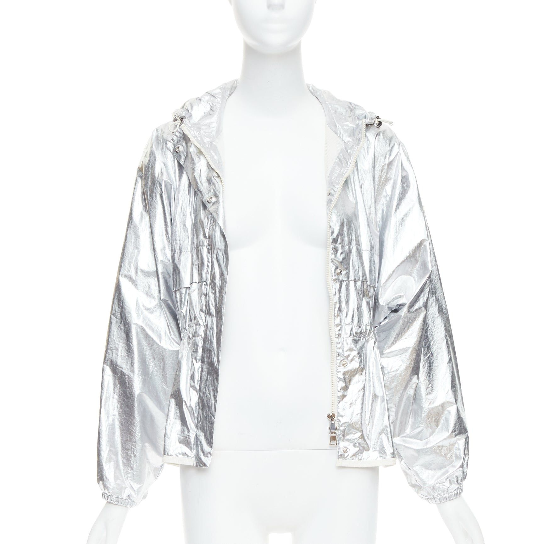 Moncler MONCLER silver coated cotton ruched waist hooded windbreaker Sz2 Size M / US 6-8 / IT 42-44 - 3 Thumbnail