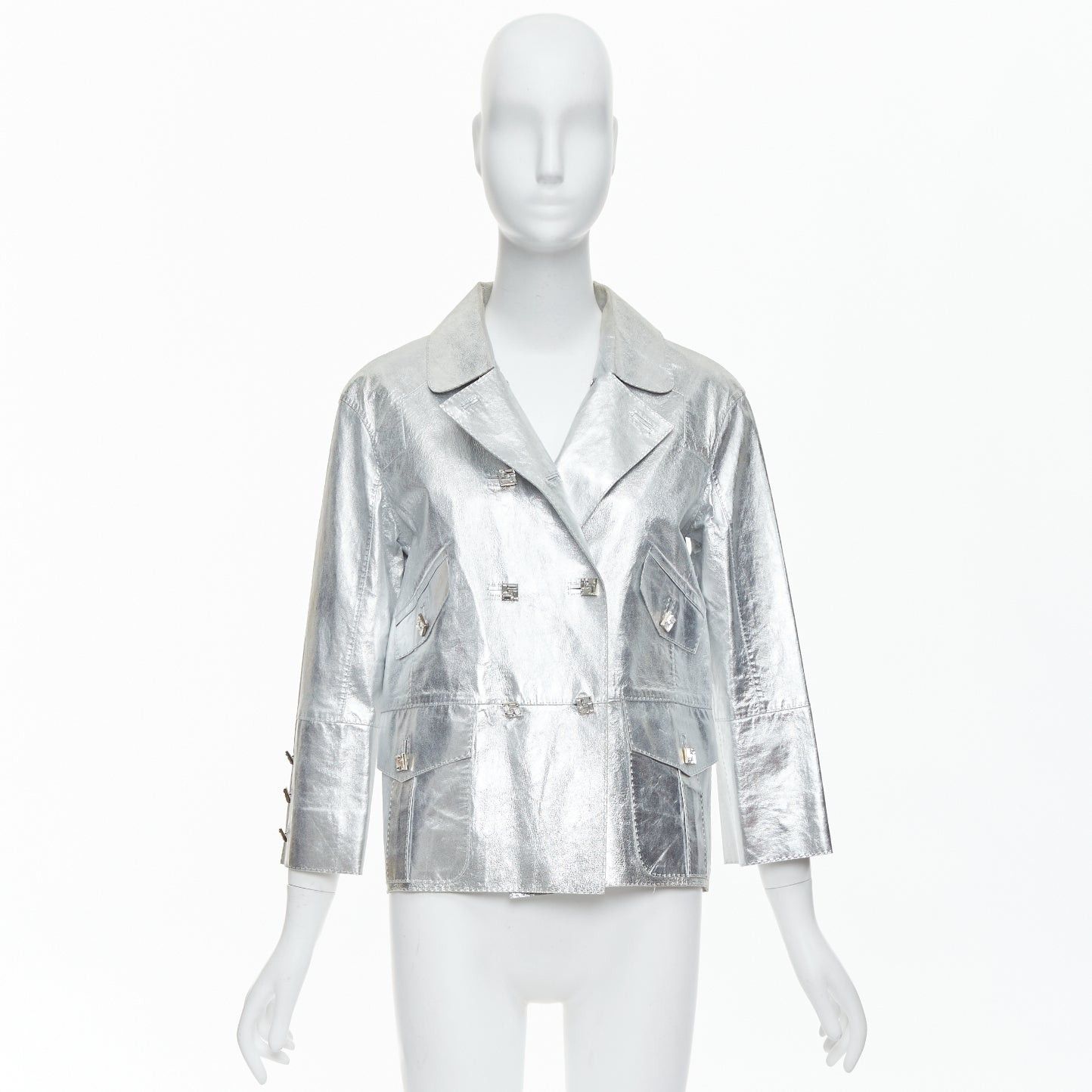 Louis Vuitton LOUIS VUITTON Marc Jacobs metallic silver leather crystal button jacket FR36 S Size S / US 4 / IT 40 - 10 Thumbnail