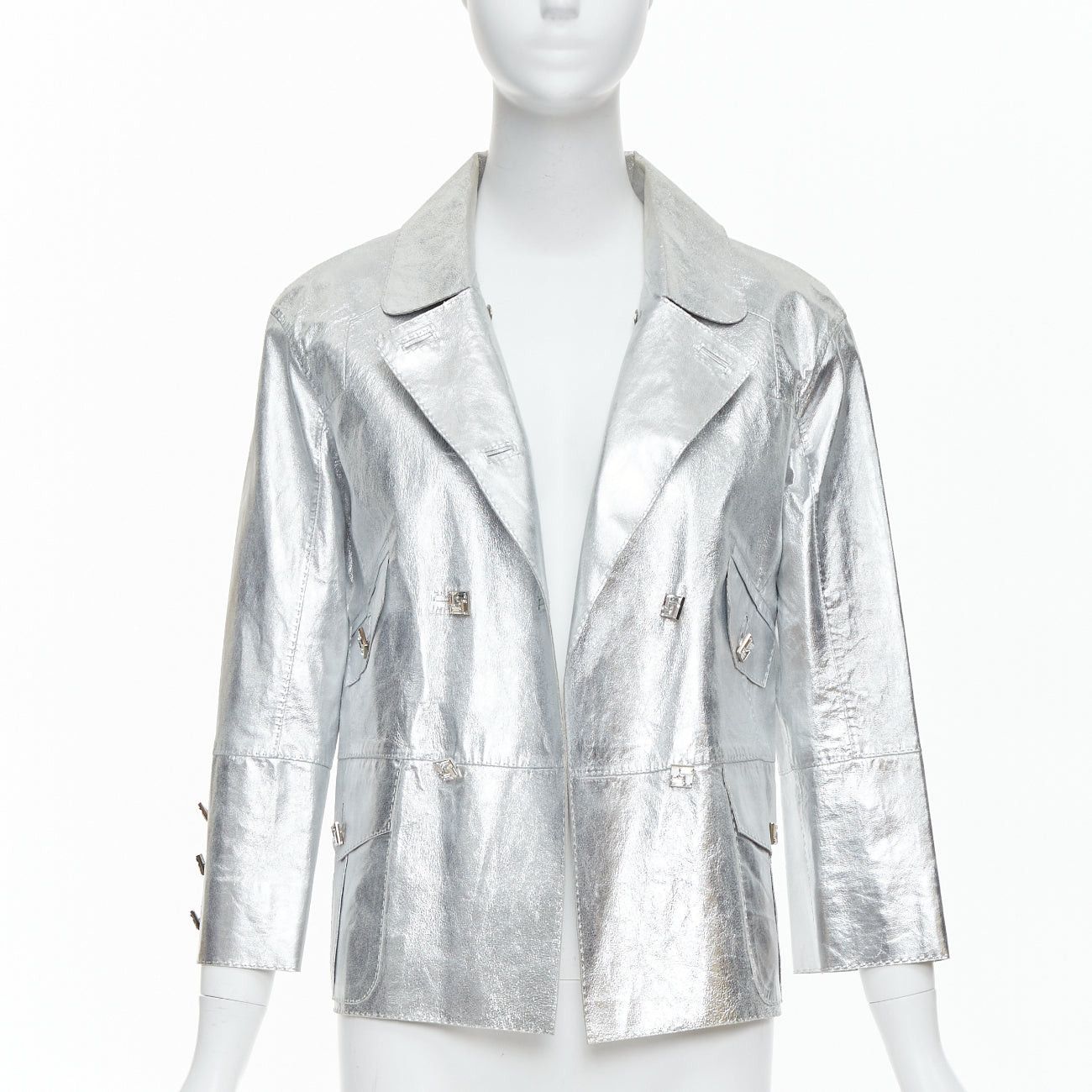 Louis Vuitton LOUIS VUITTON Marc Jacobs metallic silver leather crystal button jacket FR36 S Size S / US 4 / IT 40 - 3 Thumbnail