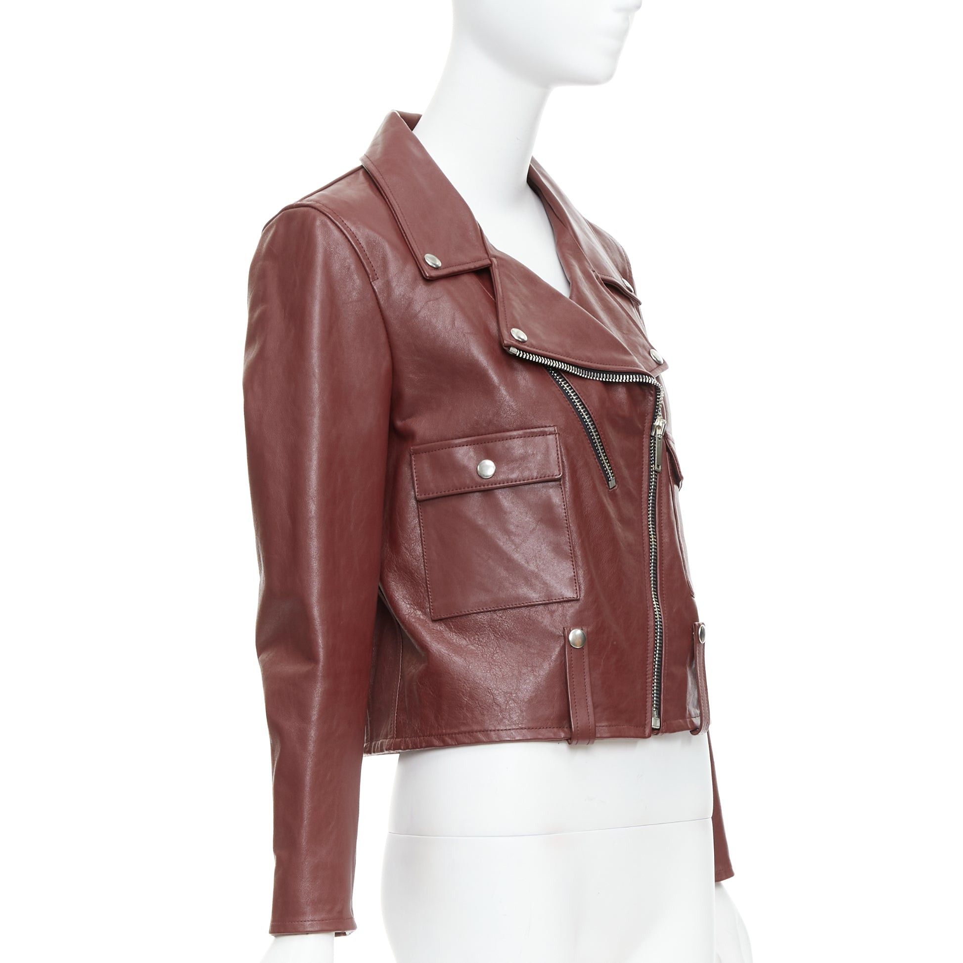 Golden Goose GOLDEN GOOSE Life burgundy calfskin leather cropped biker jacket M Size M / US 6-8 / IT 42-44 - 4 Thumbnail