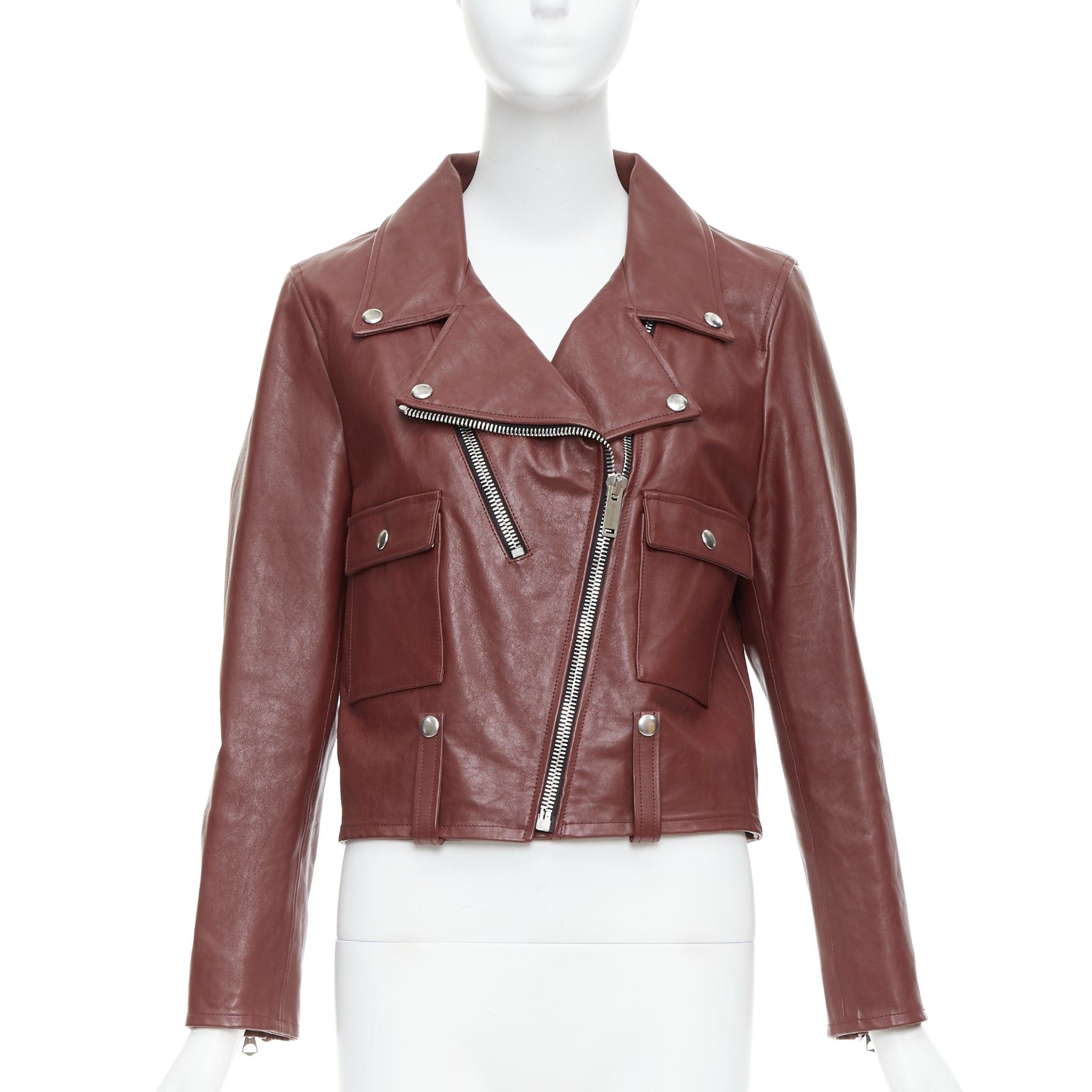 Golden Goose GOLDEN GOOSE Life burgundy calfskin leather cropped biker jacket M Size M / US 6-8 / IT 42-44 - 3 Thumbnail
