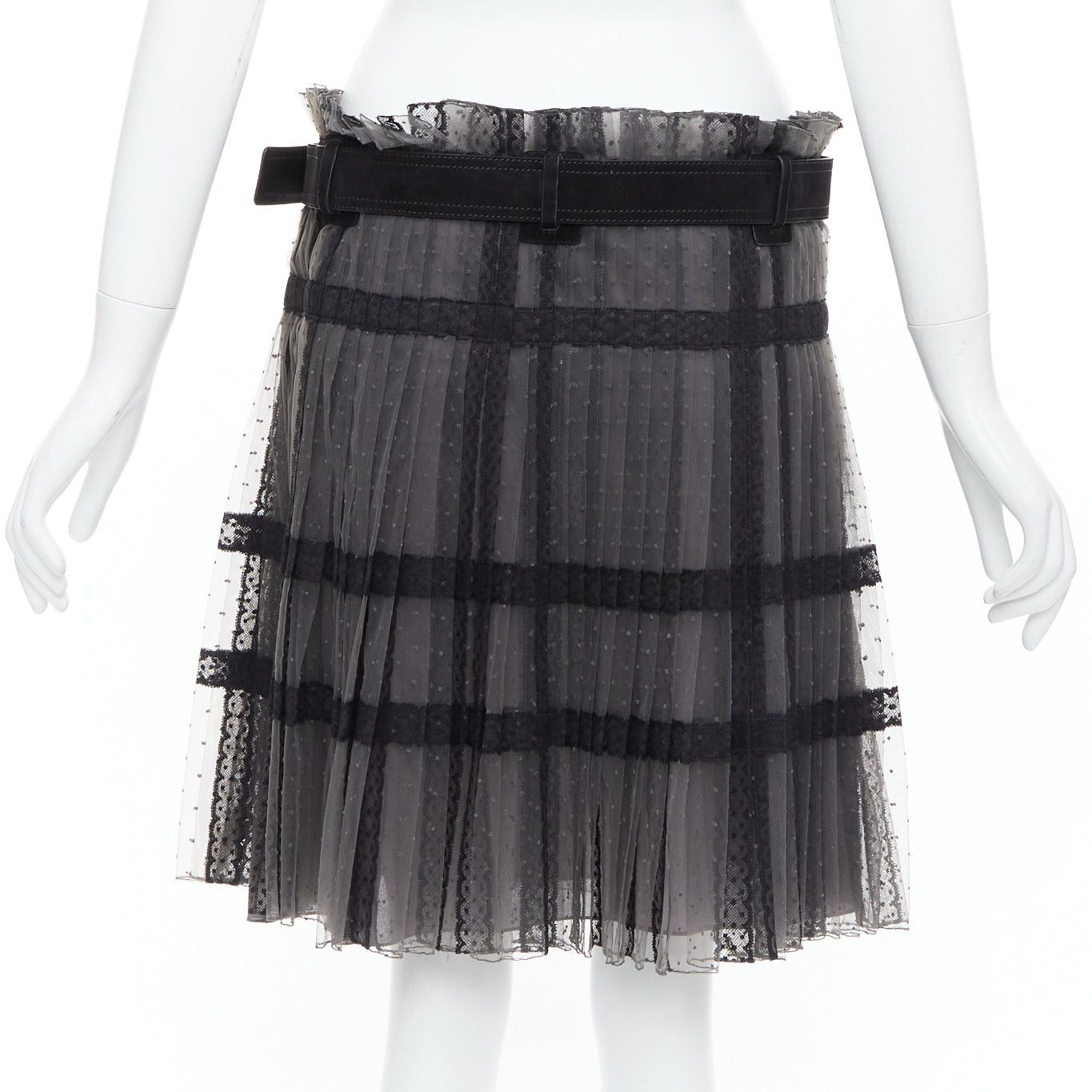 Dior CHRISTIAN DIOR grey black lace Plumetis tulle suede belt wrap skirt Size 28" / US 6 / IT 42 - 5 Thumbnail