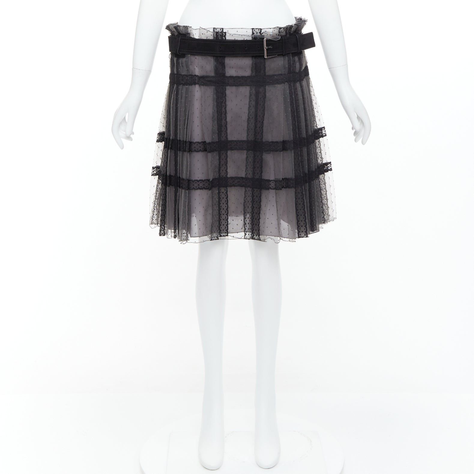 Dior CHRISTIAN DIOR grey black lace Plumetis tulle suede belt wrap skirt Size 28" / US 6 / IT 42 - 7 Thumbnail