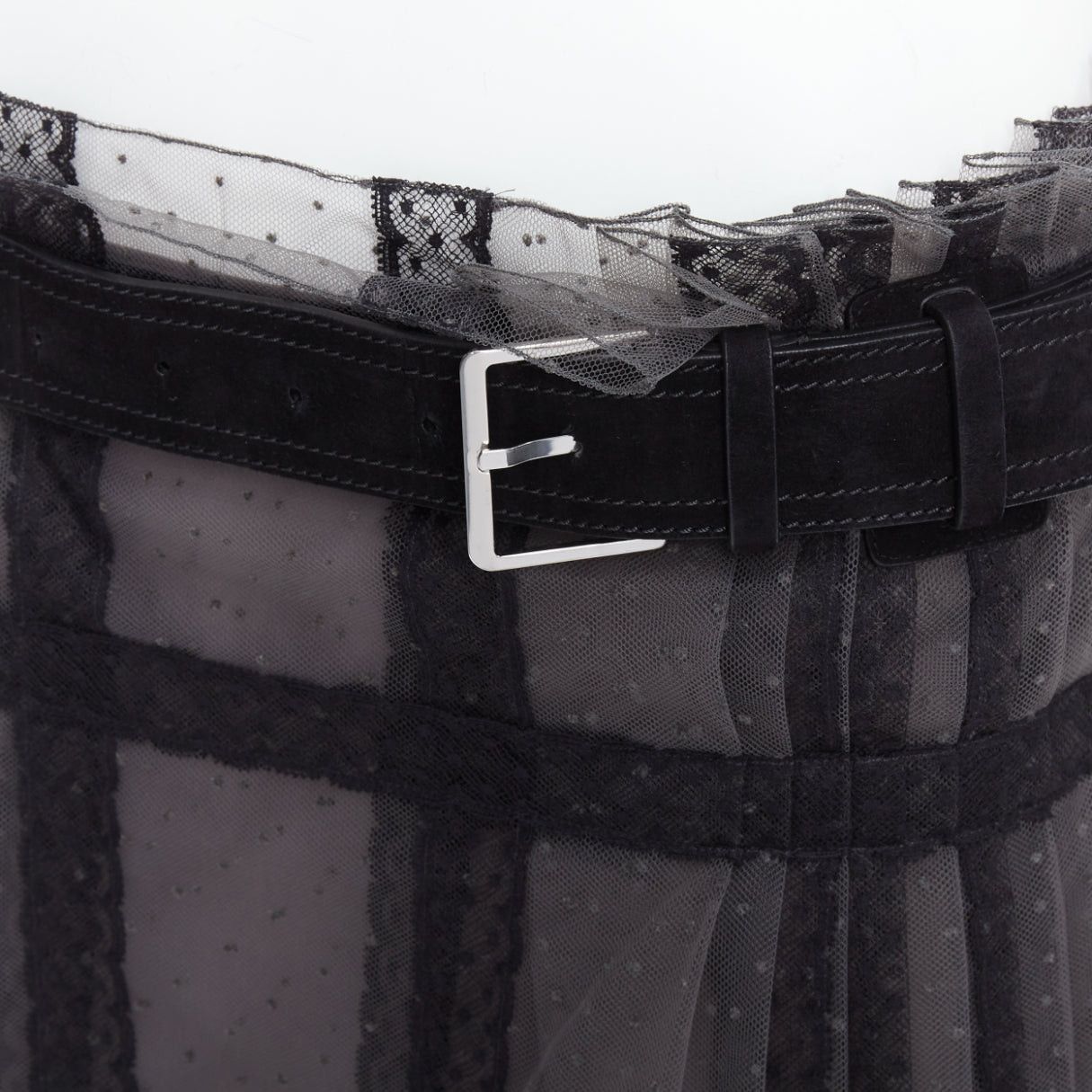 Dior CHRISTIAN DIOR grey black lace Plumetis tulle suede belt wrap skirt Size 28" / US 6 / IT 42 - 2 Thumbnail