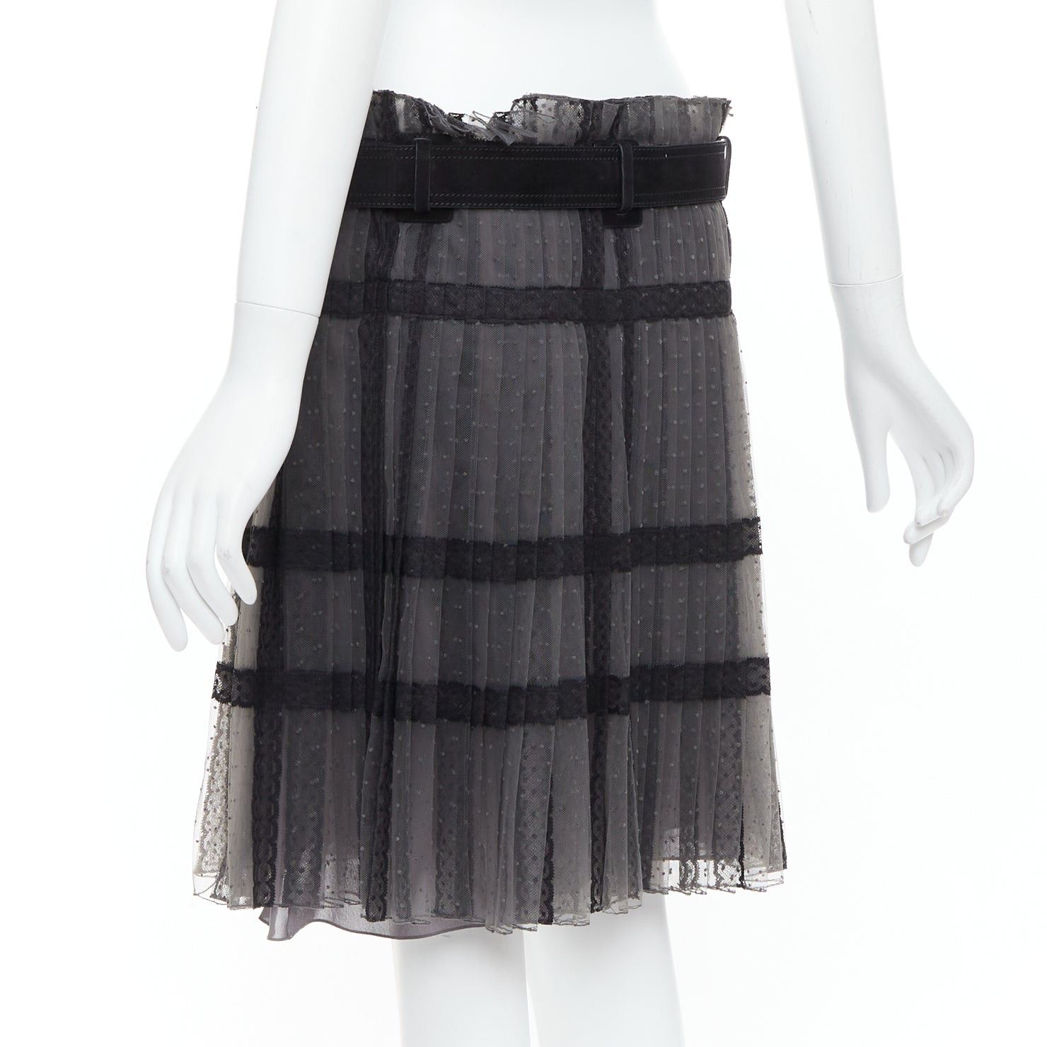 Dior CHRISTIAN DIOR grey black lace Plumetis tulle suede belt wrap skirt Size 28" / US 6 / IT 42 - 6 Thumbnail