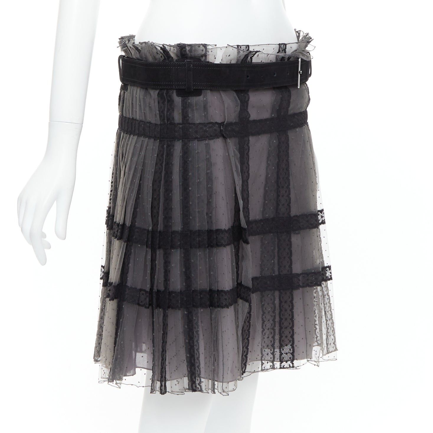 Dior CHRISTIAN DIOR grey black lace Plumetis tulle suede belt wrap skirt Size 28" / US 6 / IT 42 - 3 Thumbnail