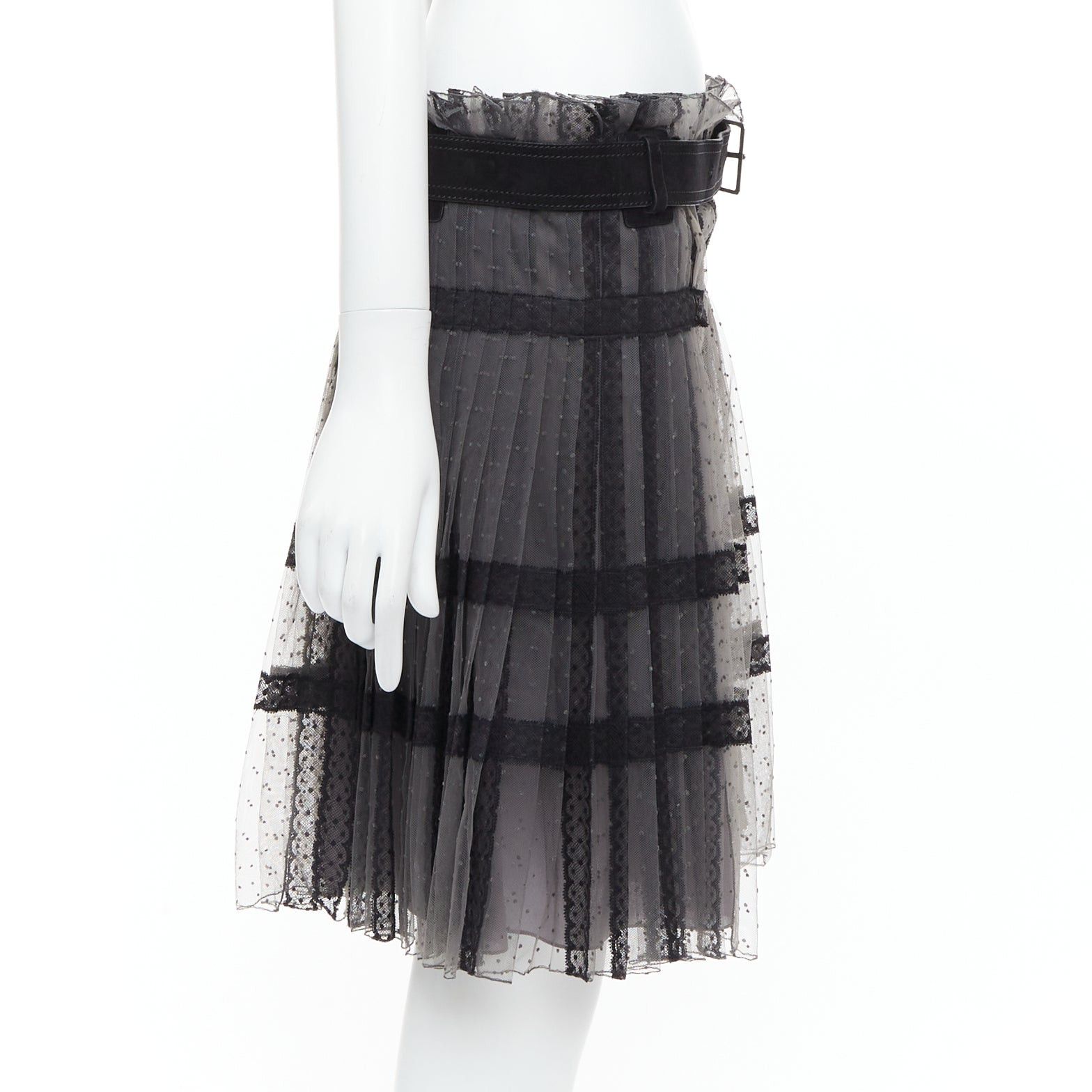 Dior CHRISTIAN DIOR grey black lace Plumetis tulle suede belt wrap skirt Size 28" / US 6 / IT 42 - 4 Thumbnail