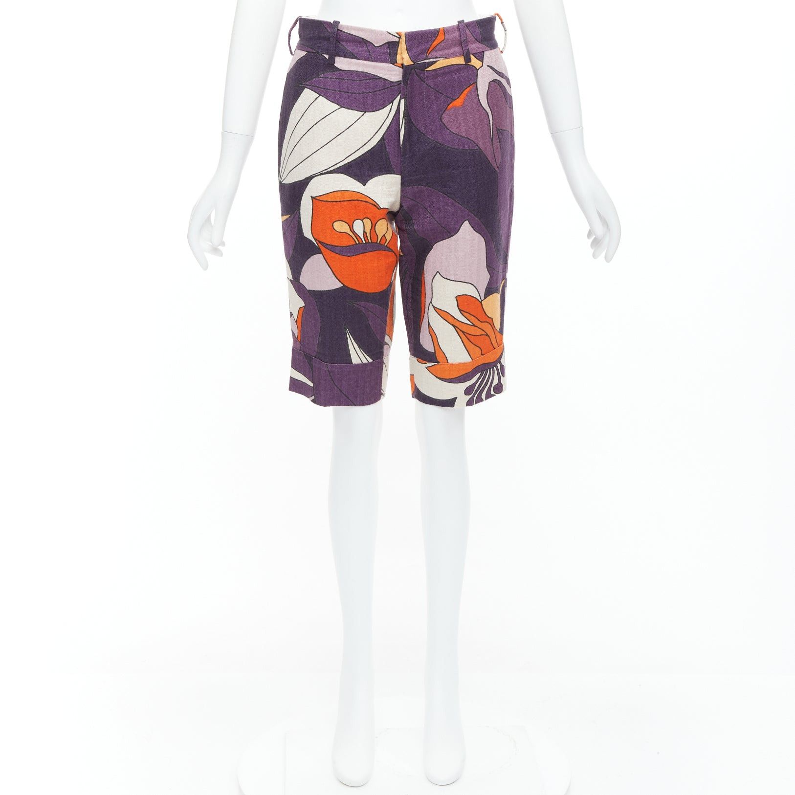 Marni MARNI purple orange floral 80s print bermuda capri shorts IT38 S Size 26" / US 2 / IT 38 - 9 Thumbnail