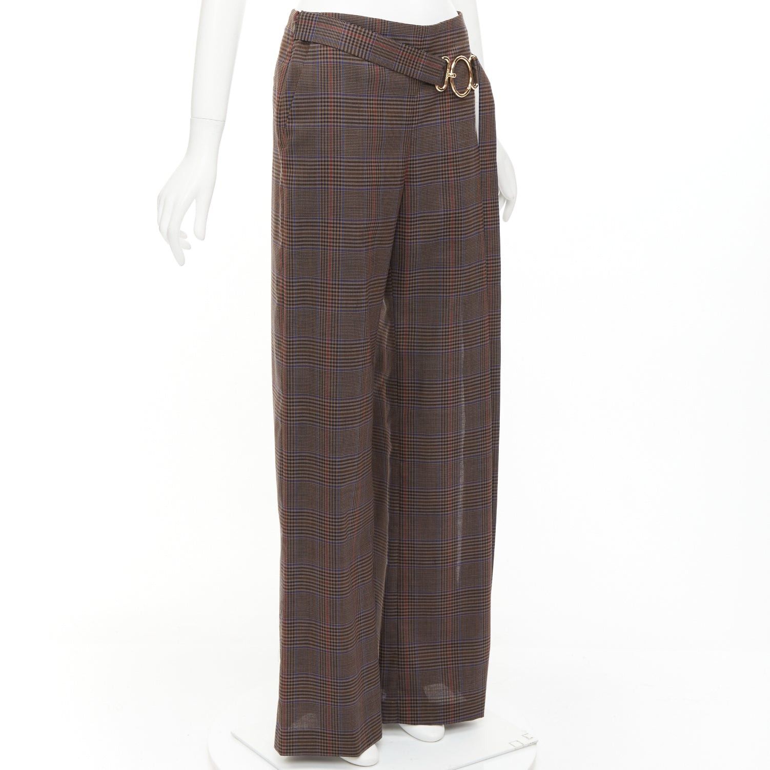 MONSE MONSE brown virgin wool checkered long gold belt wide leg pants US2 S Size 27" / US 4 / IT 40 - 3 Thumbnail