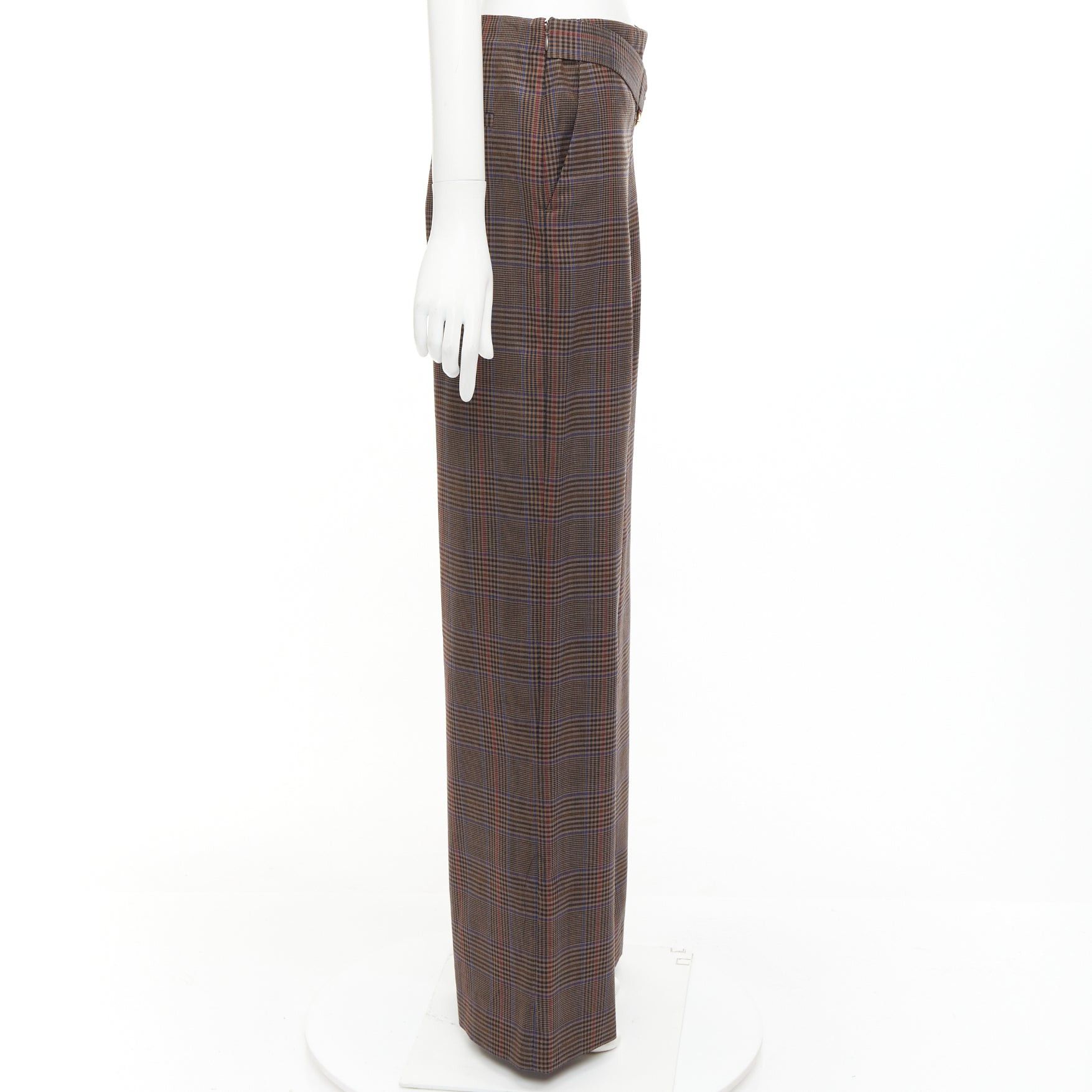 MONSE MONSE brown virgin wool checkered long gold belt wide leg pants US2 S Size 27" / US 4 / IT 40 - 4 Thumbnail