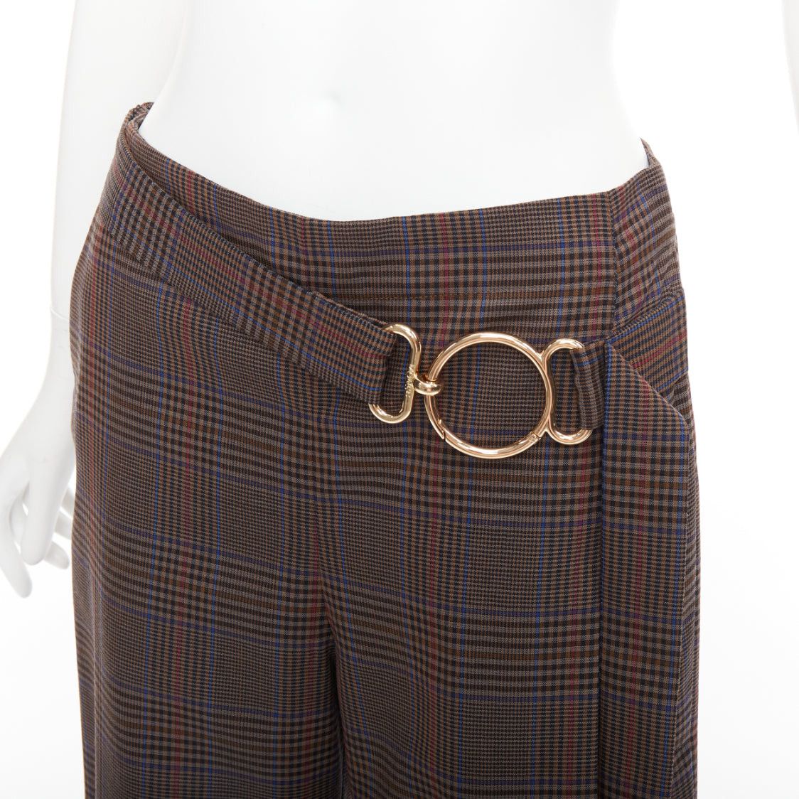 MONSE MONSE brown virgin wool checkered long gold belt wide leg pants US2 S Size 27" / US 4 / IT 40 - 2 Thumbnail