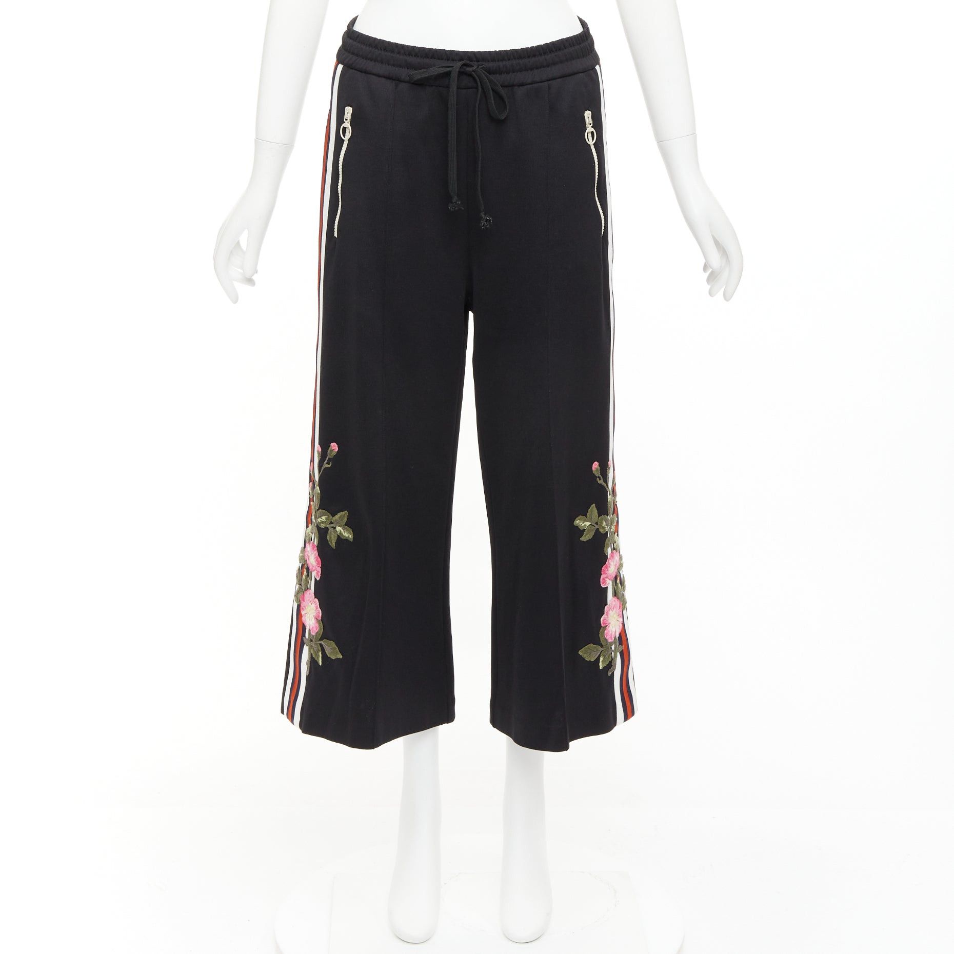 Gucci GUCCI black webbing floral patch zip pocket wide leg joggers Size 28" / US 6 / IT 42 - 9 Thumbnail