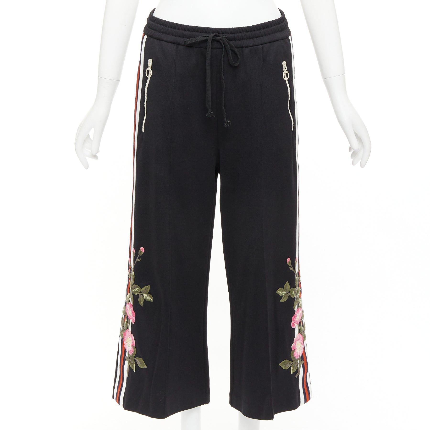 Gucci GUCCI black webbing floral patch zip pocket wide leg joggers Size 28" / US 6 / IT 42 - 3 Thumbnail
