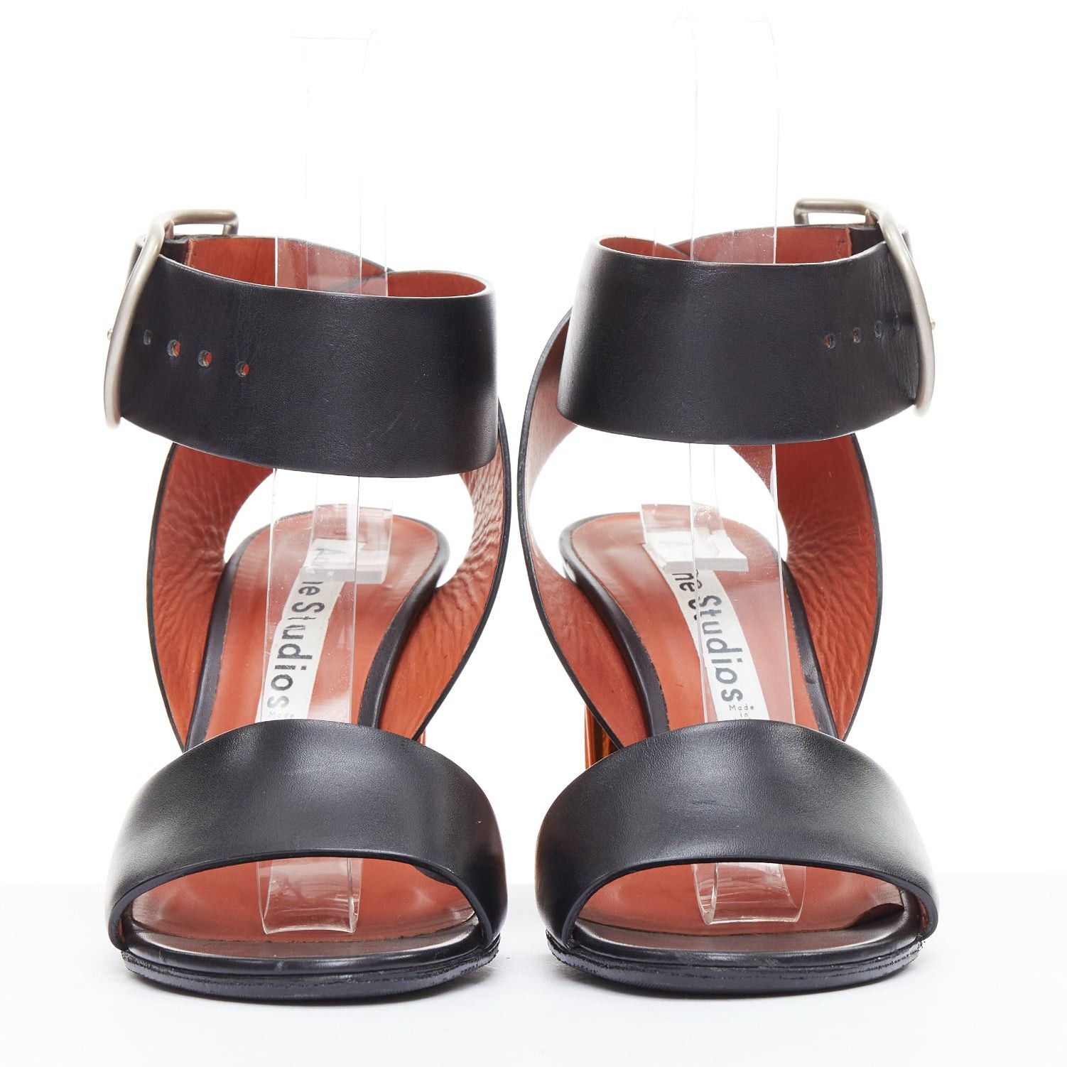 Acne Studios ACNE STUDIOS Obin metallic orange bark heel black leather sandals EU37 Size US 7 / IT 37 - 3 Thumbnail