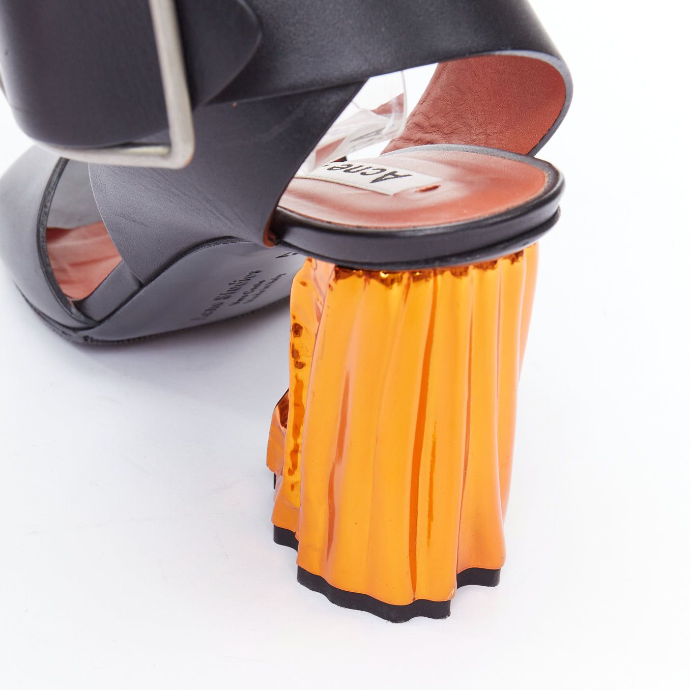 Acne Studios ACNE STUDIOS Obin metallic orange bark heel black leather sandals EU37 Size US 7 / IT 37 - 9 Thumbnail