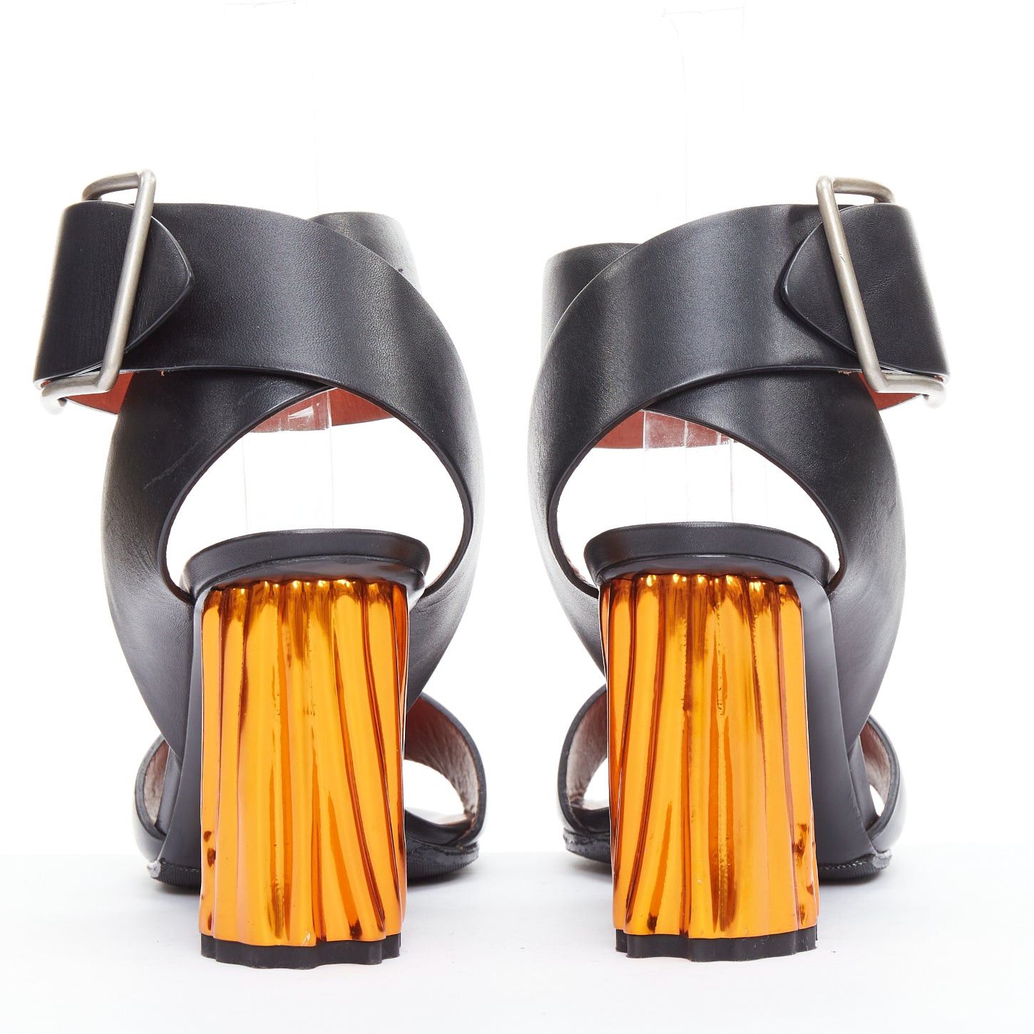 Acne Studios ACNE STUDIOS Obin metallic orange bark heel black leather sandals EU37 Size US 7 / IT 37 - 5 Thumbnail