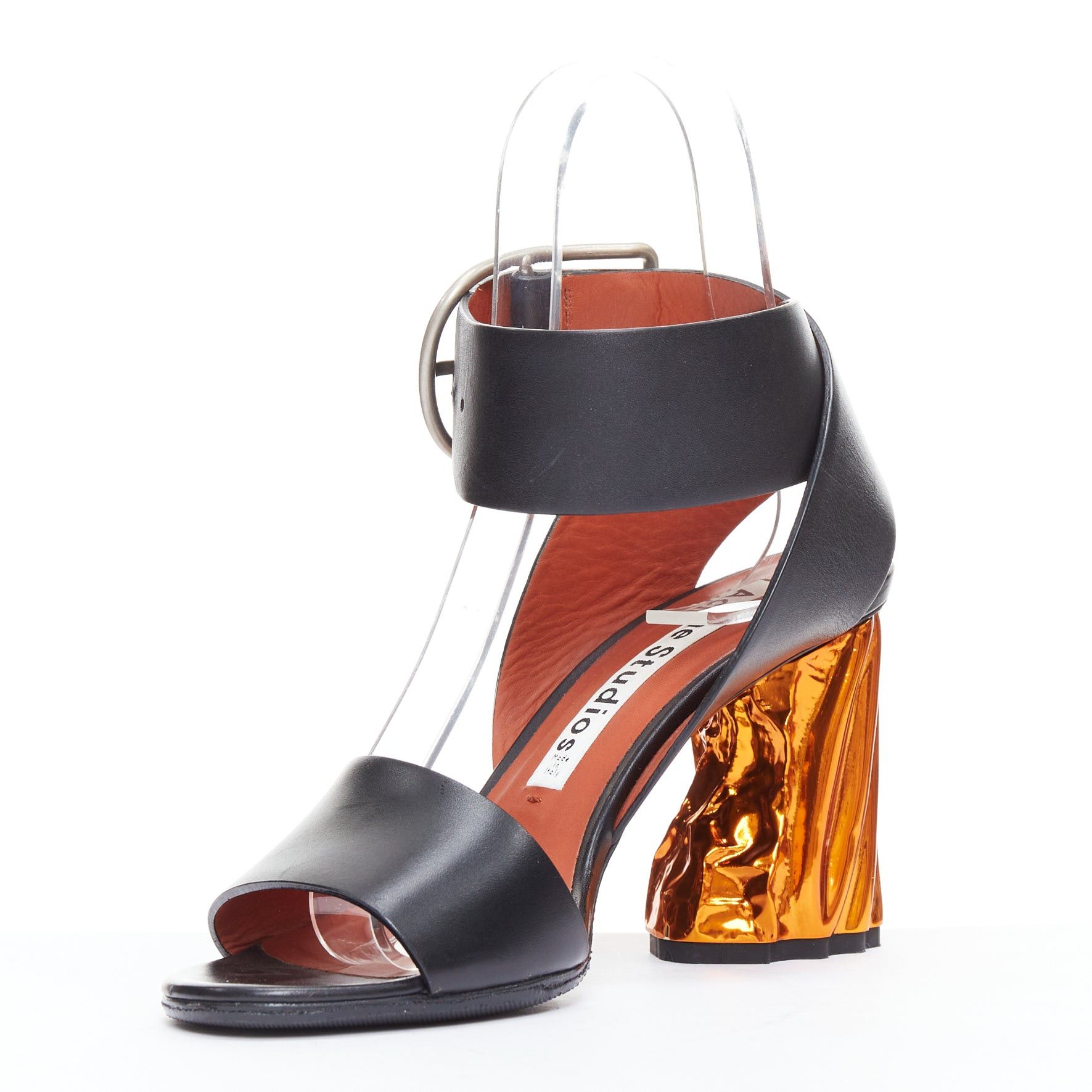Acne Studios ACNE STUDIOS Obin metallic orange bark heel black leather sandals EU37 Size US 7 / IT 37 - 4 Thumbnail