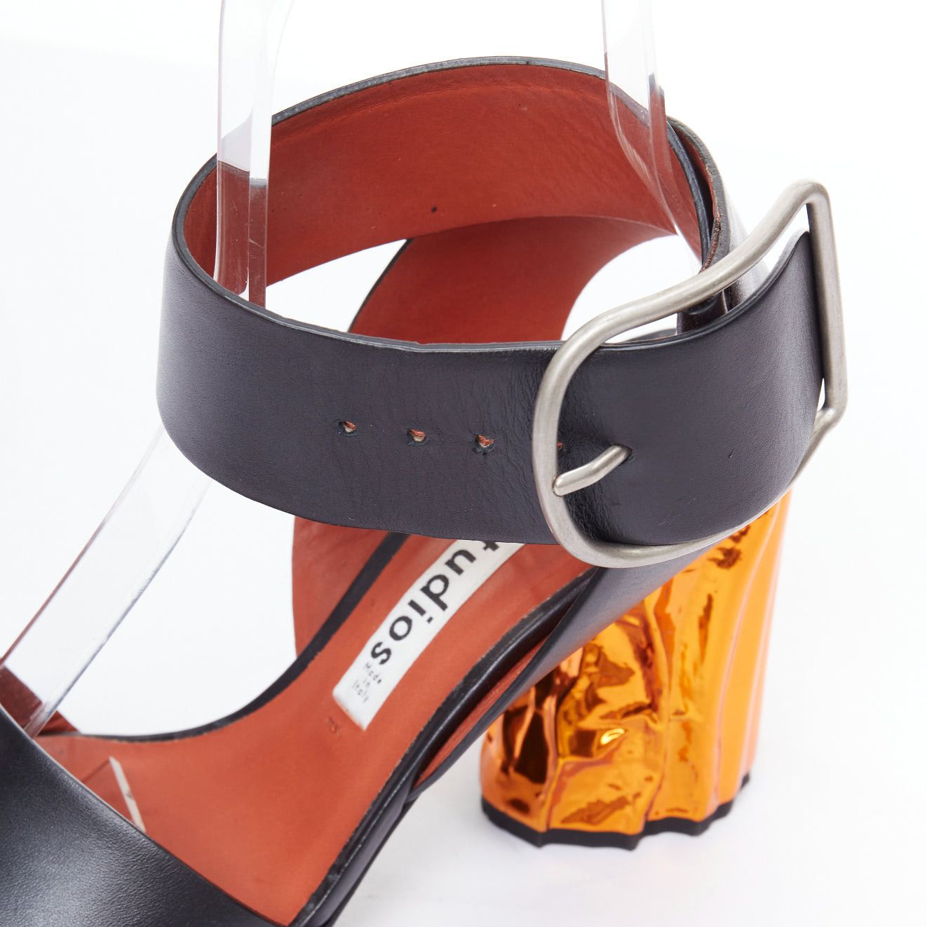 Acne Studios ACNE STUDIOS Obin metallic orange bark heel black leather sandals EU37 Size US 7 / IT 37 - 8 Thumbnail