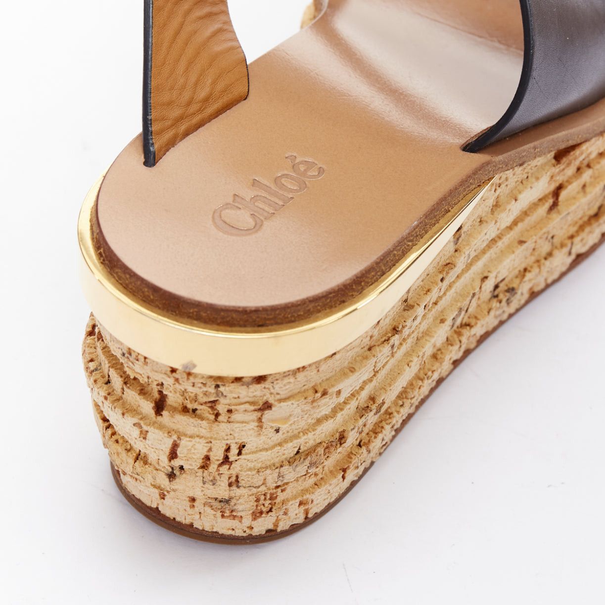 Chloe CHLOE navy leather brown cork platform wedge sandals EU37 Size US 7 / IT 37 - 8 Thumbnail