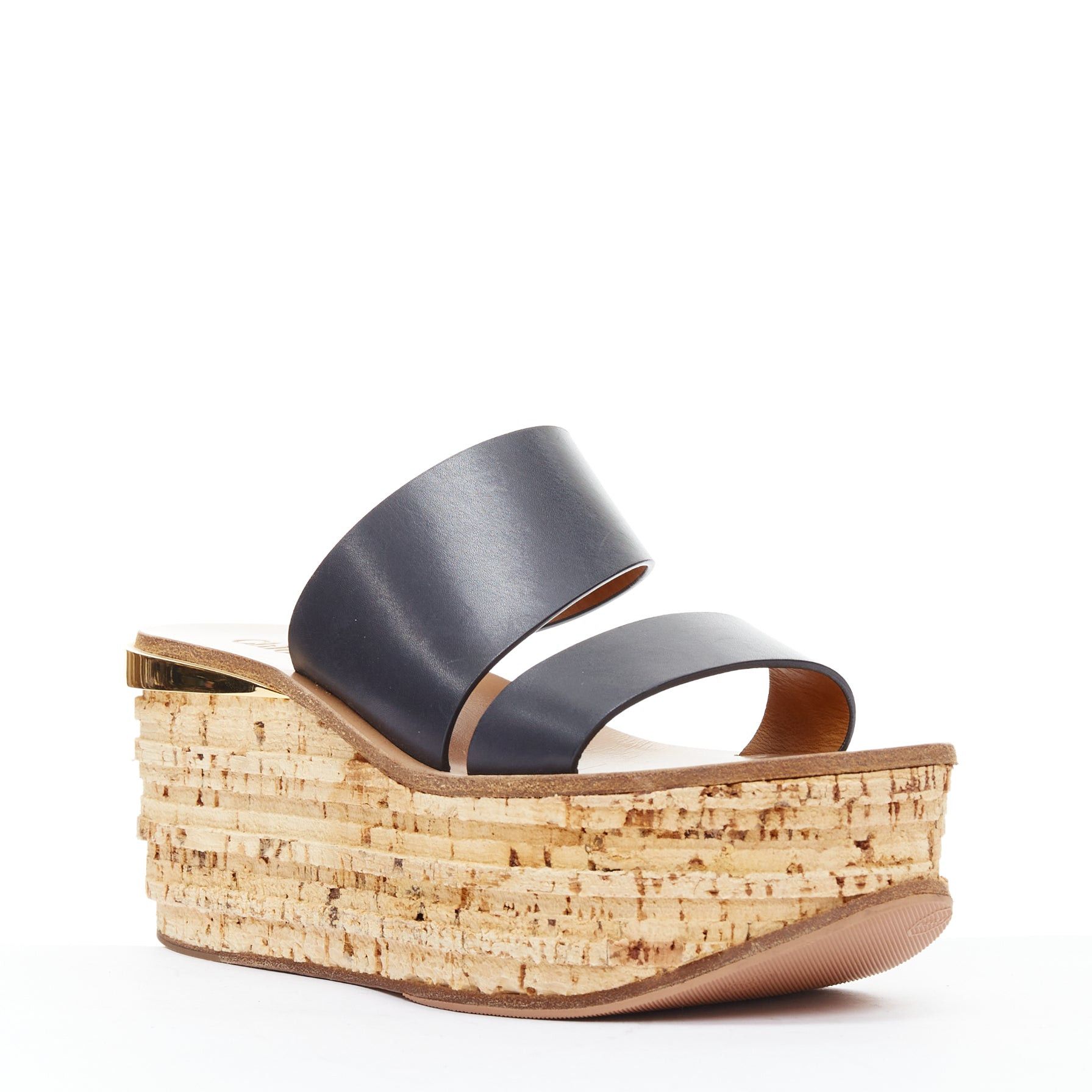 Chloe CHLOE navy leather brown cork platform wedge sandals EU37 Size US 7 / IT 37 - 2 Thumbnail