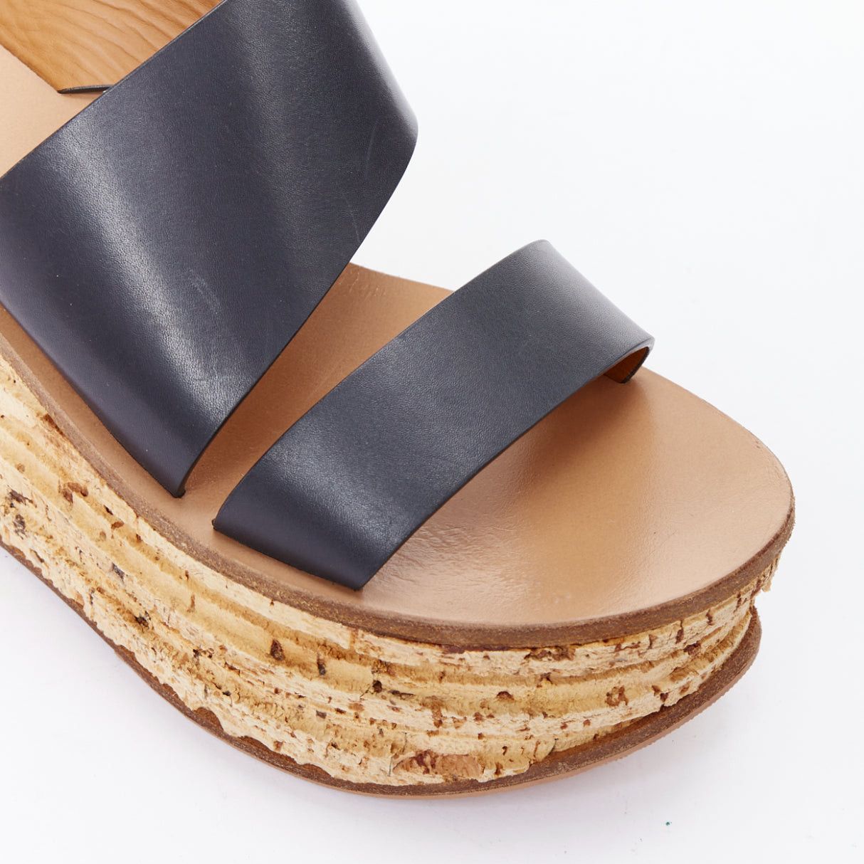 Chloe CHLOE navy leather brown cork platform wedge sandals EU37 Size US 7 / IT 37 - 7 Thumbnail
