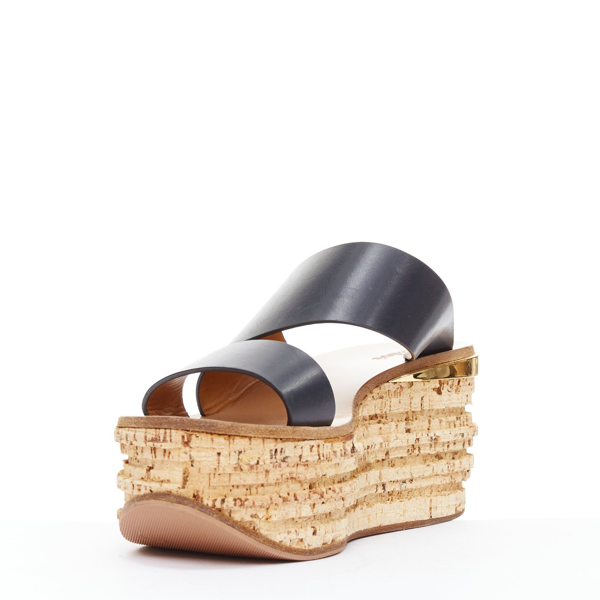 Chloe CHLOE navy leather brown cork platform wedge sandals EU37 Size US 7 / IT 37 - 4 Thumbnail