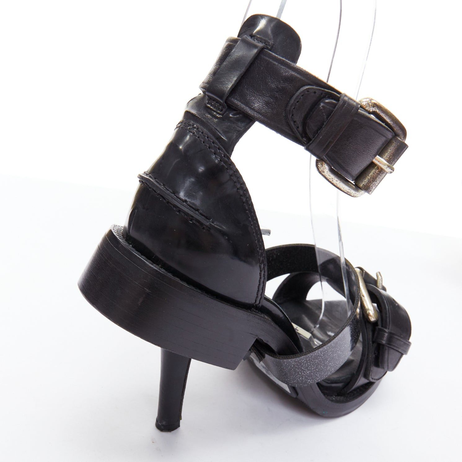Acne Studios ACNE STUDIOS black leather silver buckle deconstructed high heel sandals EU37 Size US 7 / IT 37 - 8 Thumbnail