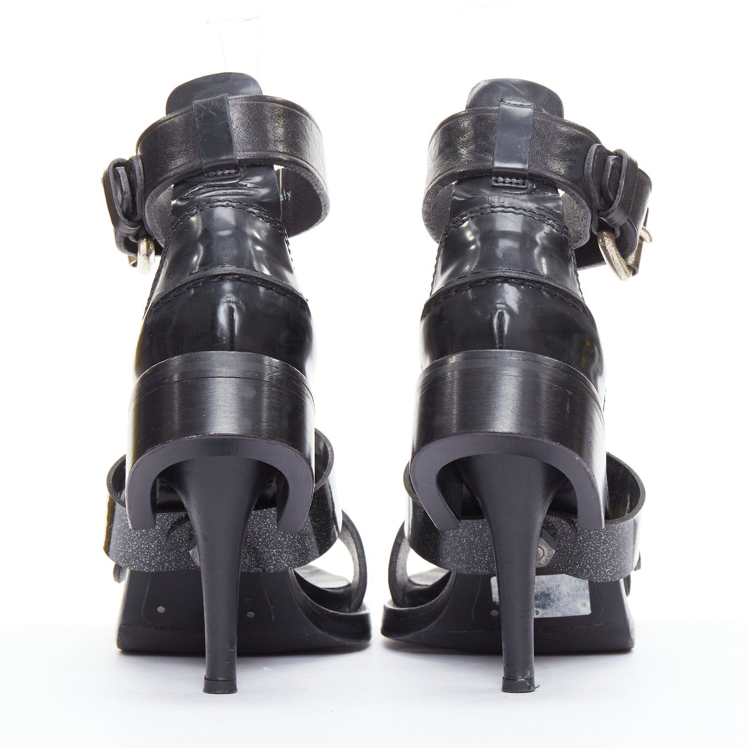 Acne Studios ACNE STUDIOS black leather silver buckle deconstructed high heel sandals EU37 Size US 7 / IT 37 - 5 Thumbnail