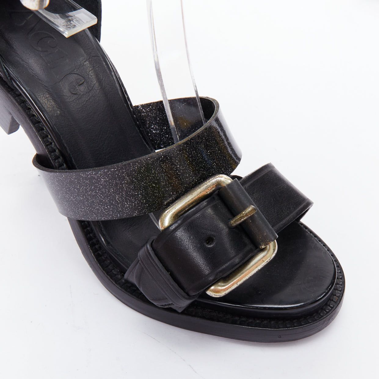Acne Studios ACNE STUDIOS black leather silver buckle deconstructed high heel sandals EU37 Size US 7 / IT 37 - 7 Thumbnail