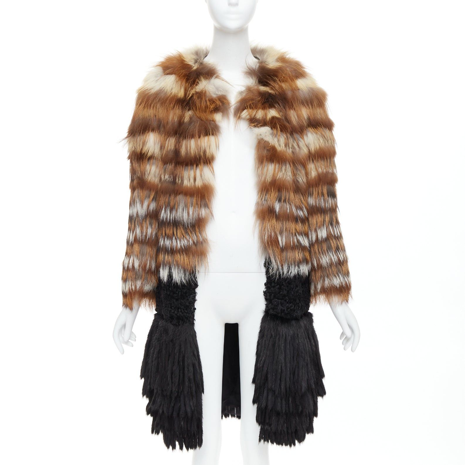 Giambattista Valli GIAMBATTISTA VALLI brown black mixed fur fringe hem long coat Size S / US 4 / IT 40 - 3 Thumbnail