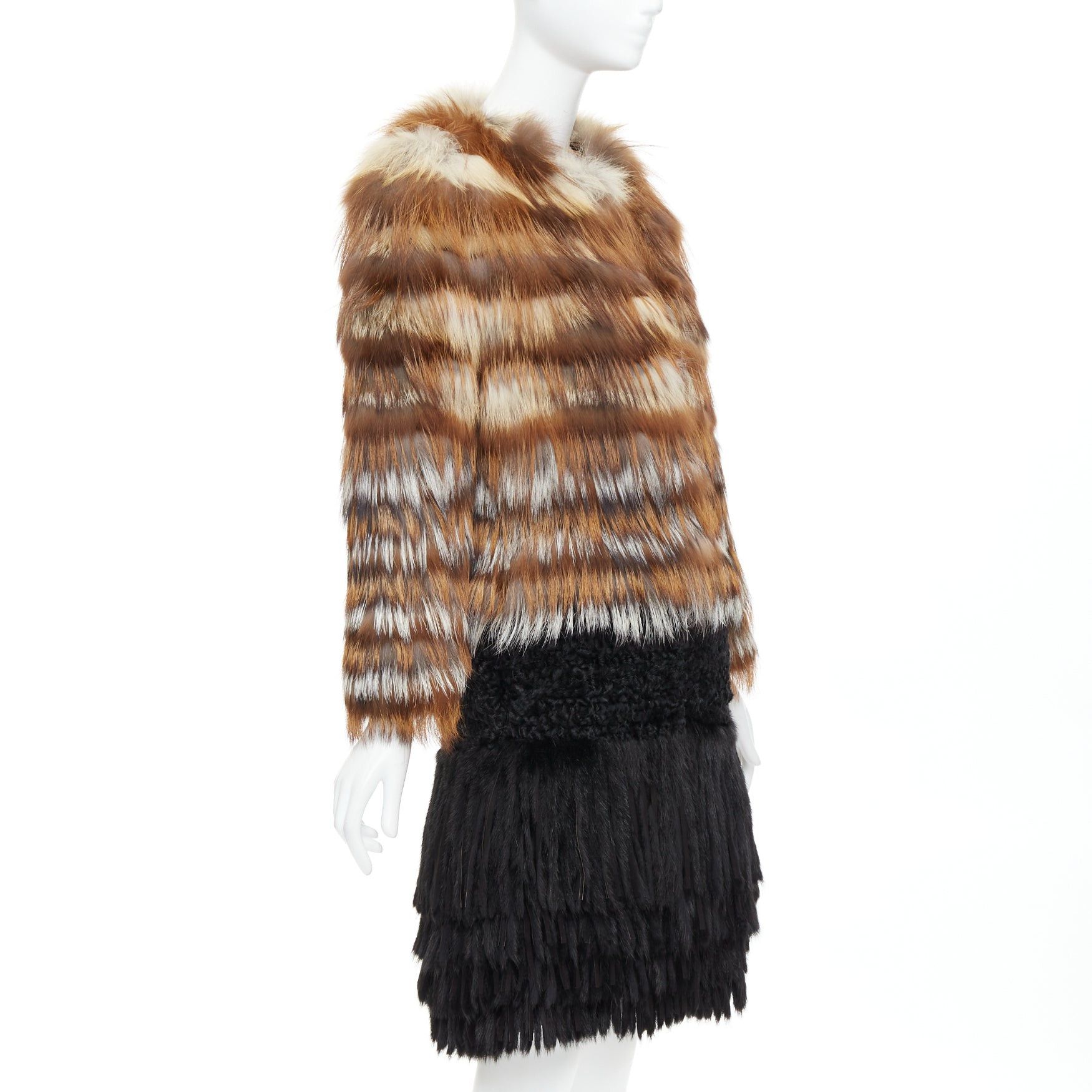 Giambattista Valli GIAMBATTISTA VALLI brown black mixed fur fringe hem long coat Size S / US 4 / IT 40 - 4 Thumbnail